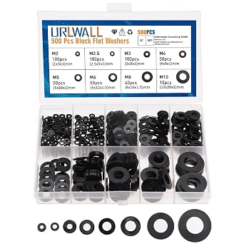 500Pcs Nylon Flat Washer Assortment Set, Washers Metric Sealing Spacer Gasket Ring Washers Set, 8 Sizes - M2, M2.5, M3, M4, M5, M6, M8, M10 Black
