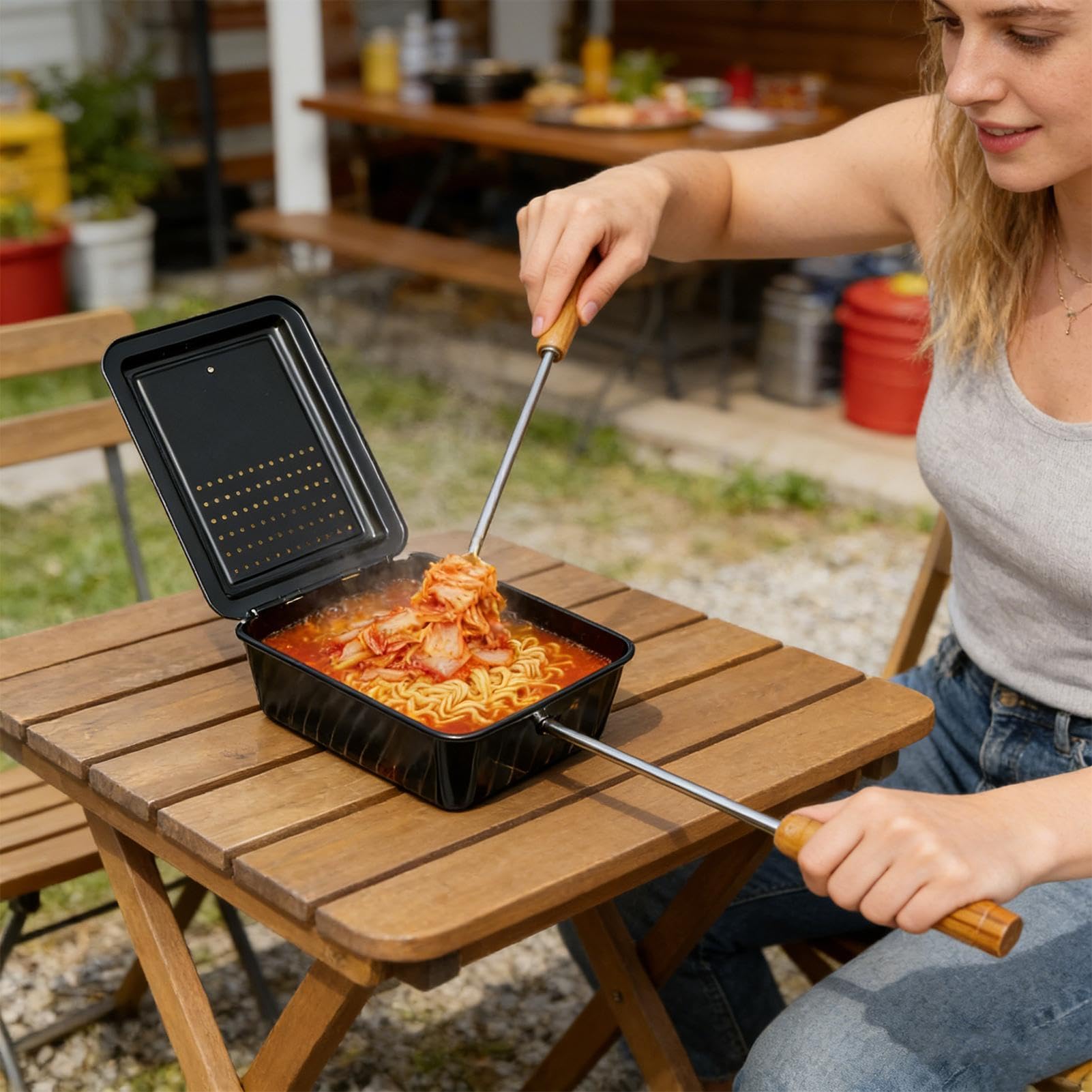 Popcorn-Für Das Antihaftbeschichtetes Klappkochgeschirr | Langer Griff Popcornzubereiter- geeignet für Camping, Picknick, Reisen, Kochen, Outdoor, Grillen, BBQ, Nudeln