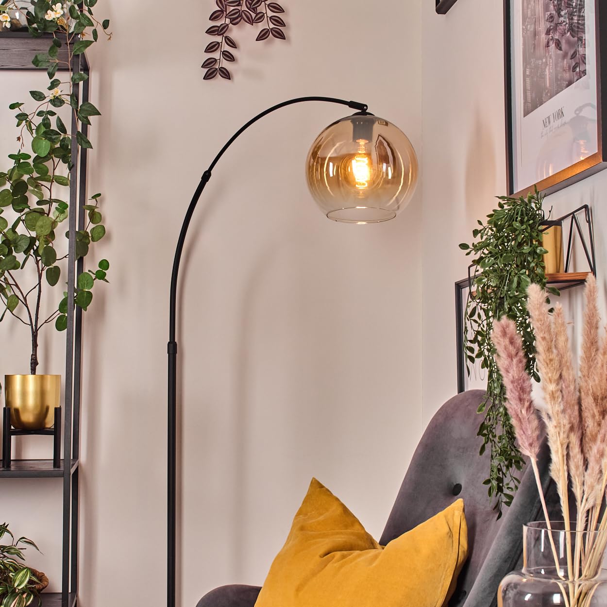 HOFSTEIN Stehleuchte Koyoto, Stehlampe aus Metall/Glas in Schwarz/Bernstein/Klar mit Marmorfuß, verstellbare Leuchte im Retro-Design (Schirm Ø 25 cm), Fußschalter, E27, Wohnzimmer, Schlafzimmer, Flur