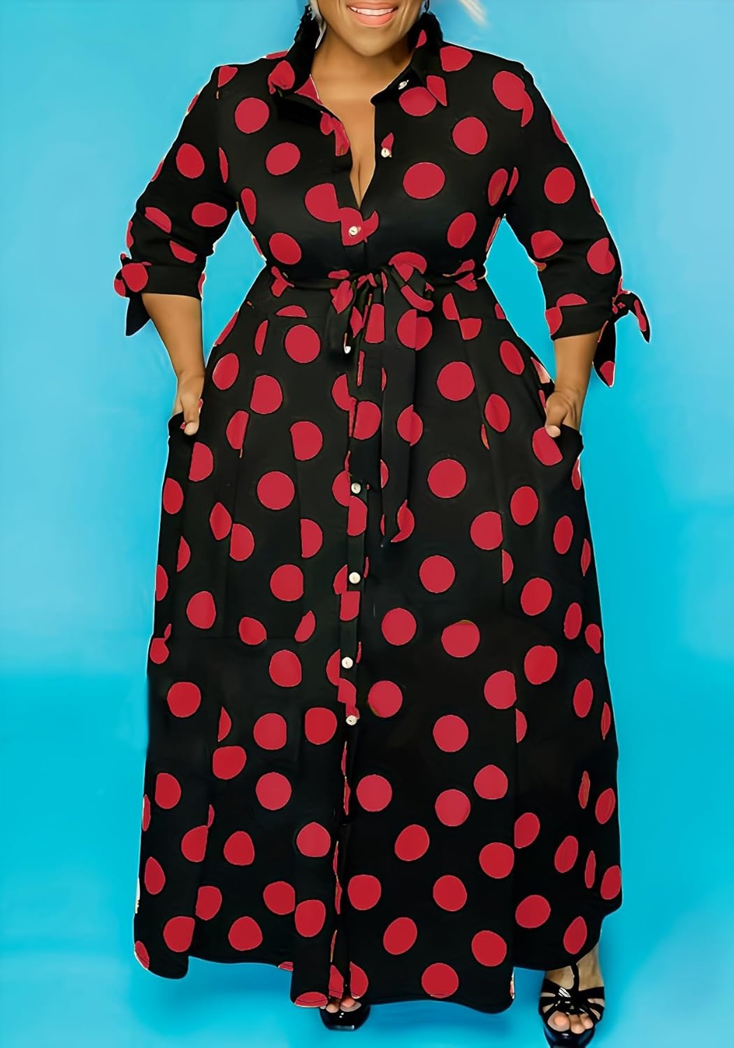 Seltaon Womens Fall Plus Size Maxi Dresses Casual Long Sleeve Polka Dot Flowy Swing Shirt Long Dress with Pockets - Image 2