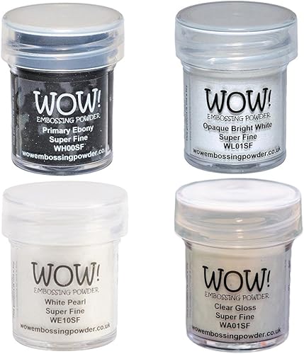 Wow! Embossing Powder Black and White Bundle: Primary Ebony, Opaque Bright White, White Pearl, Clear Gloss, 15ML