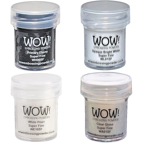 Wow! Embossing Powder Super Fine Black and White Bundle: Primary Ebony, Opaque Bright White, White Pearl, Clear Gloss, 15ML