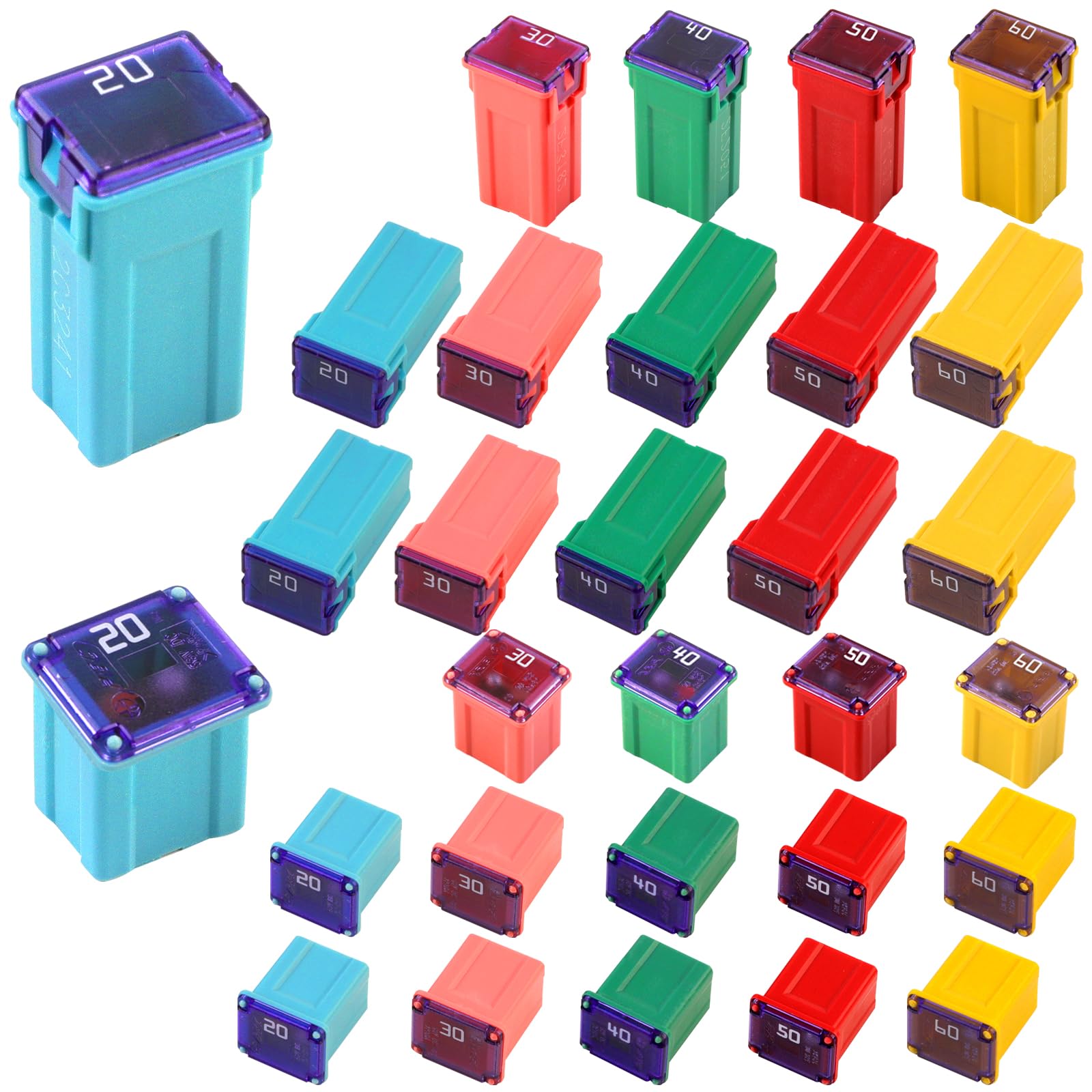 30 PCS JCASE Car Fuse Assortment Kit - FMX Fuse, Low & Tall Profile, 20A-60A