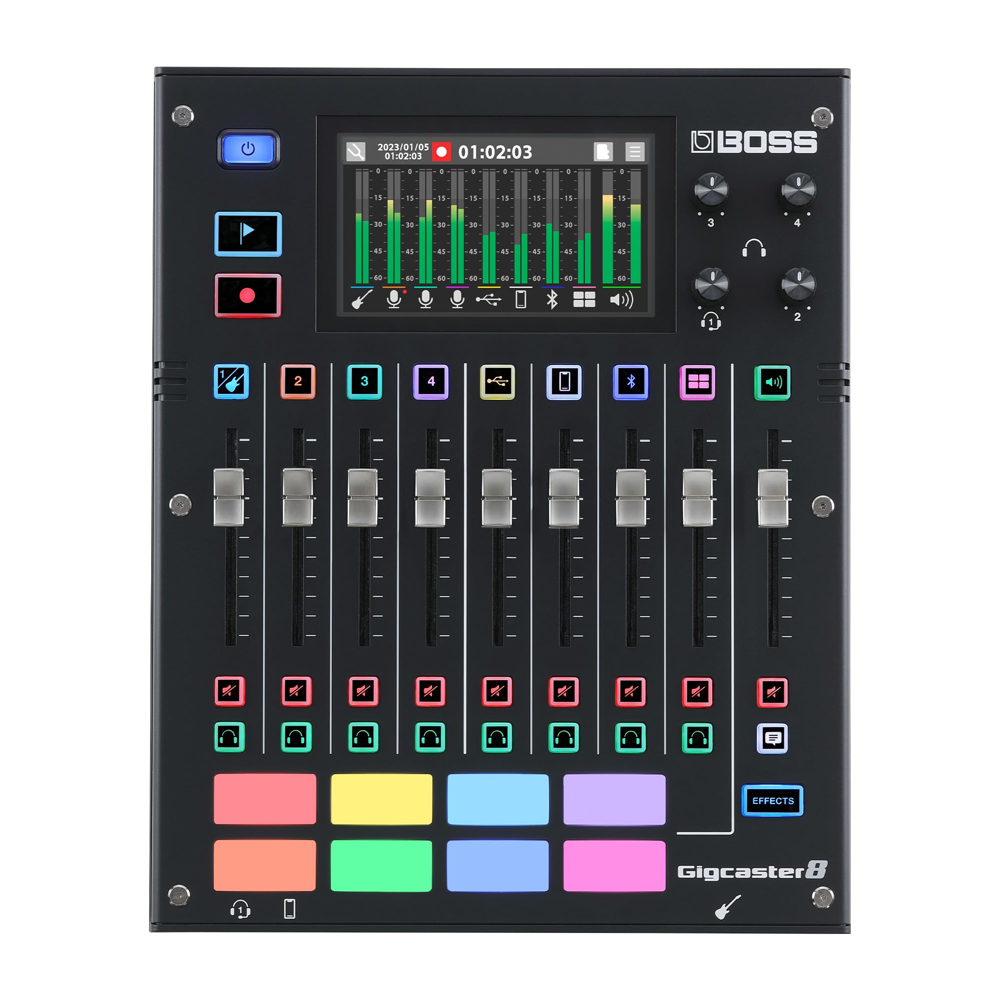 BOSS Gigcaster 8 | Table de mixage 8 pistes pour streaming avec entrée directe guitare/basse | 4 entrées combo XLR/jack | Micro stéréo intégré | 8 pads SFX | Interface audio USB 20x14