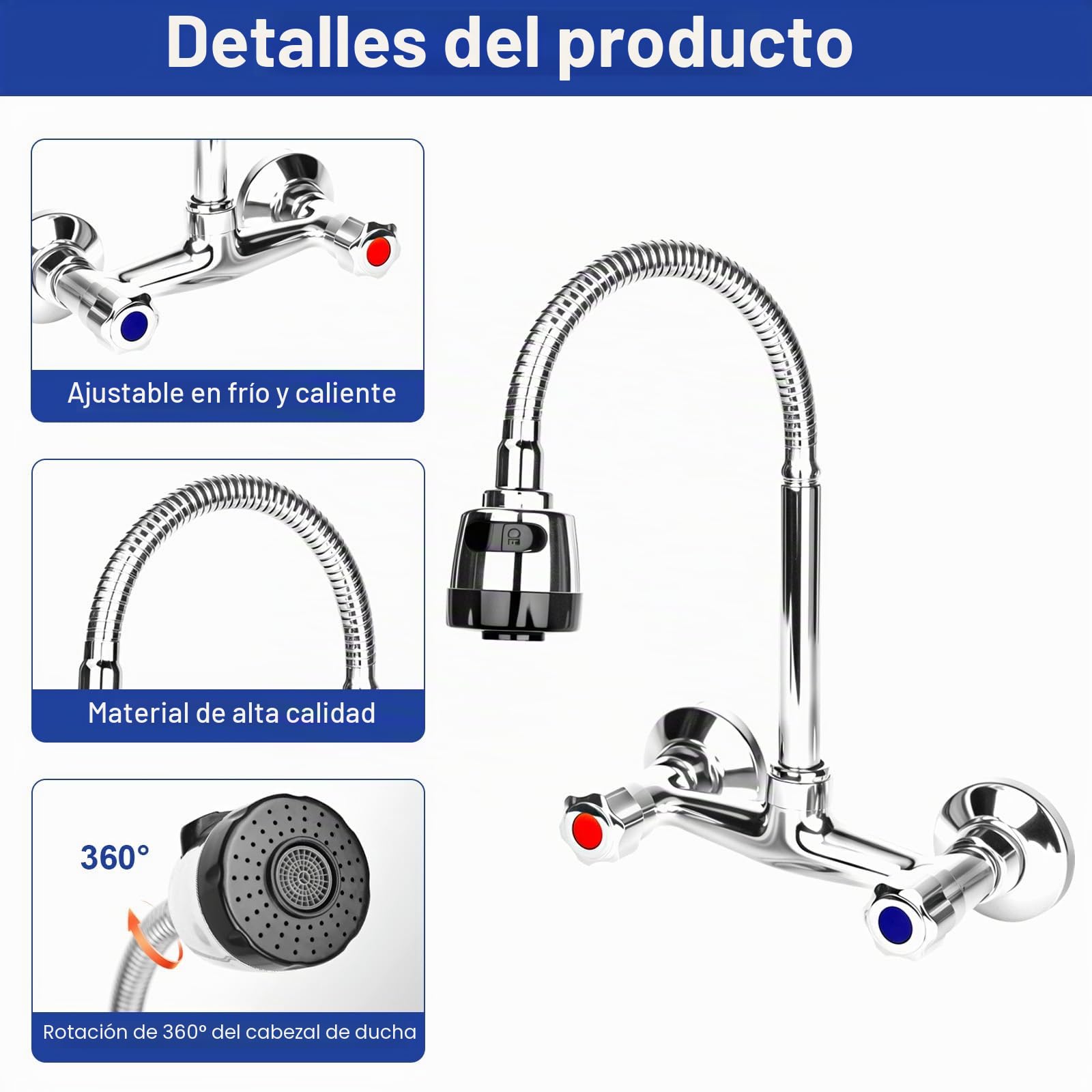 Mezclador de pared de dos manijas de latón, grifo de fregadero giratorio 360°, interruptor de agua fría y caliente, grifo de pared para cocina, grifo de fregadero, 2 modos de drenaje de agua