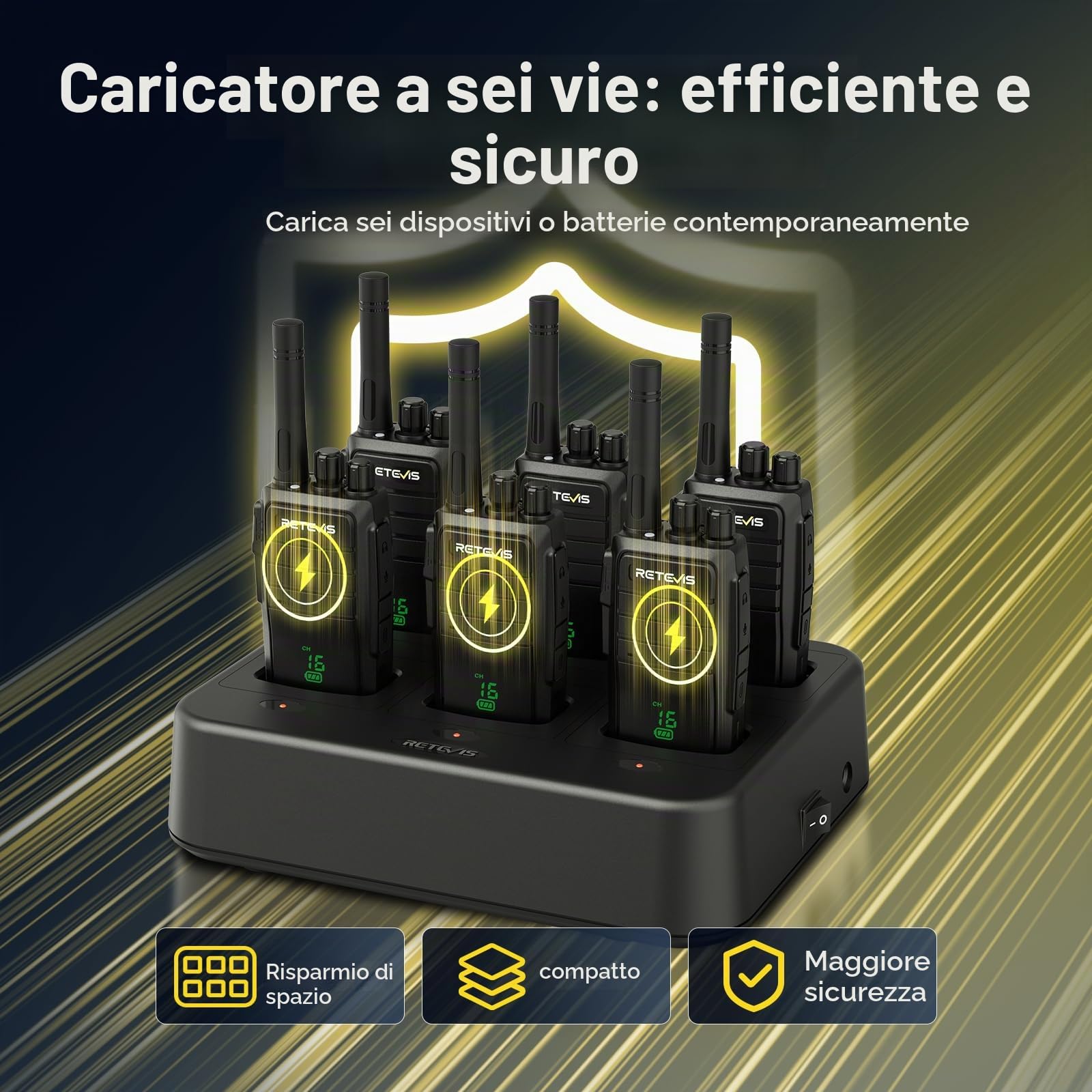 Retevis RT21H Walkie Talkies, Schermo Nascosto Radio Bidirezionale IP54 Impermeabile Robusto Tipo-C 6 Vie Caricabatterie Walkie Talkie Ricaricabili per Scuole, Hotel, Magazzini (6 Pezzi, Nero)