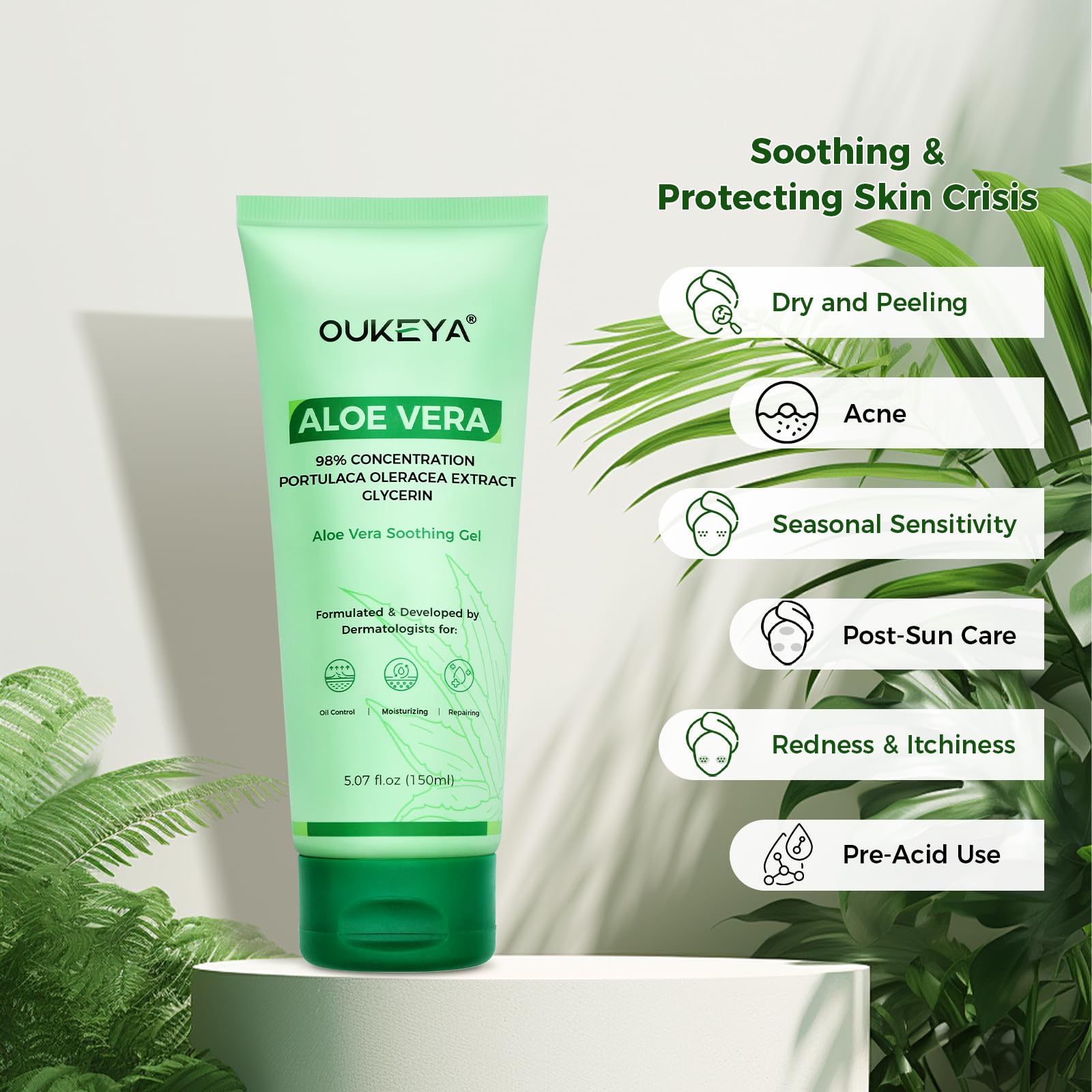 OUKEYA Aloe Vera Pure Gel 150 Ml + 2% Niacynamid, Do Twarzy, Ciała i Włosów, Na Poparzenia Słoneczne, Oparzenia i Suchą Skórę, Łagodzący, Wzmacnia Barierę Skórną, Dermatologicznie Testowany