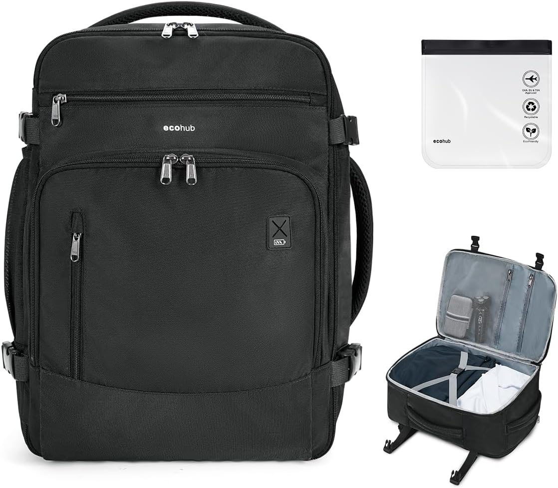 ECOHUB Easyjet Cabin Bag 45x36x20 Underseat Bag with Clear Toiletry Bag Travel Backpack Large Front Organizational Pocket Hand Luggage Recycled PET Eco Friendly Carry On Bag for Women & Men 30L Black