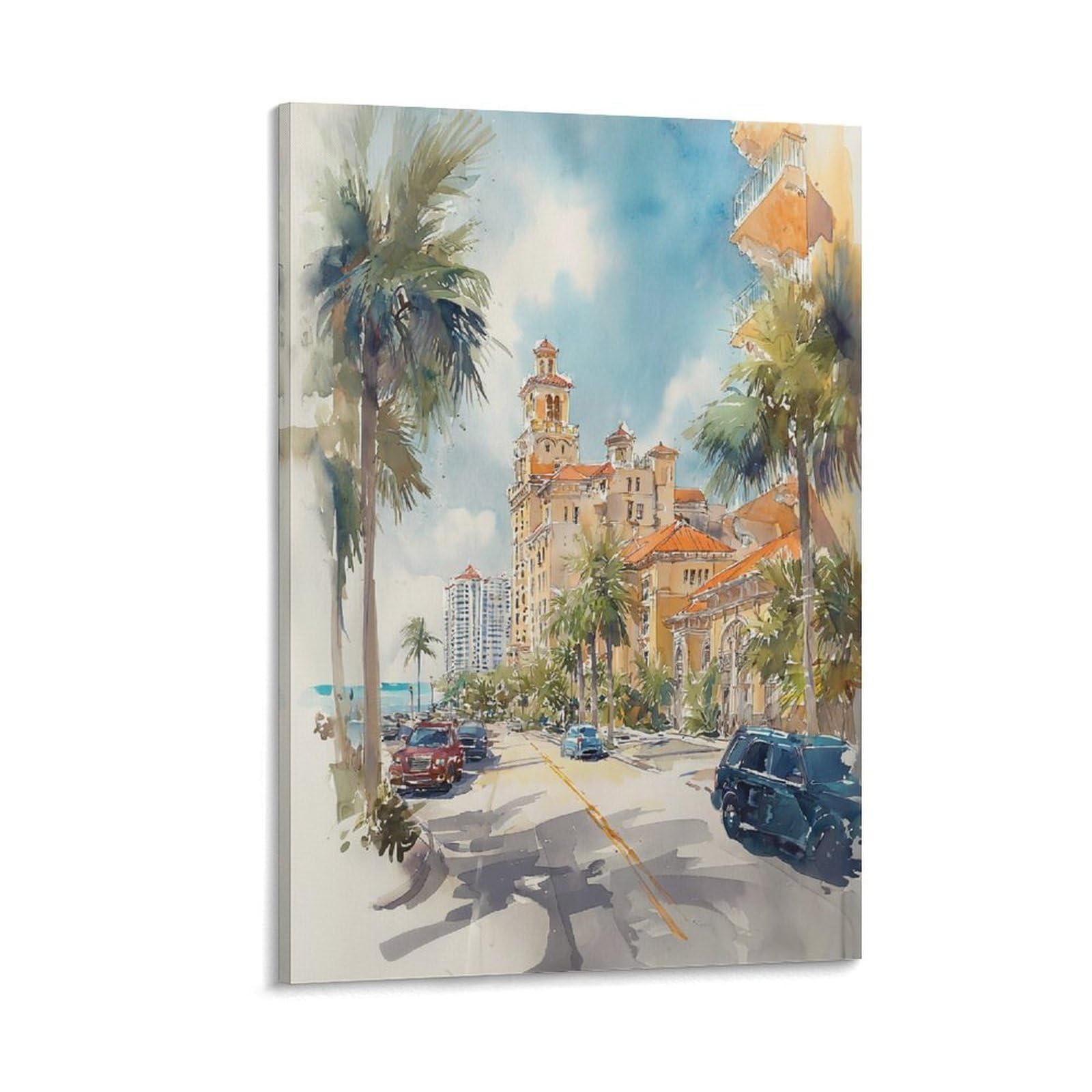 XWYMXZ Miami Beach Watercolor Traditional 24x36inch(60x90cm) Vintage Travel Poster Watercolor Canvas Art