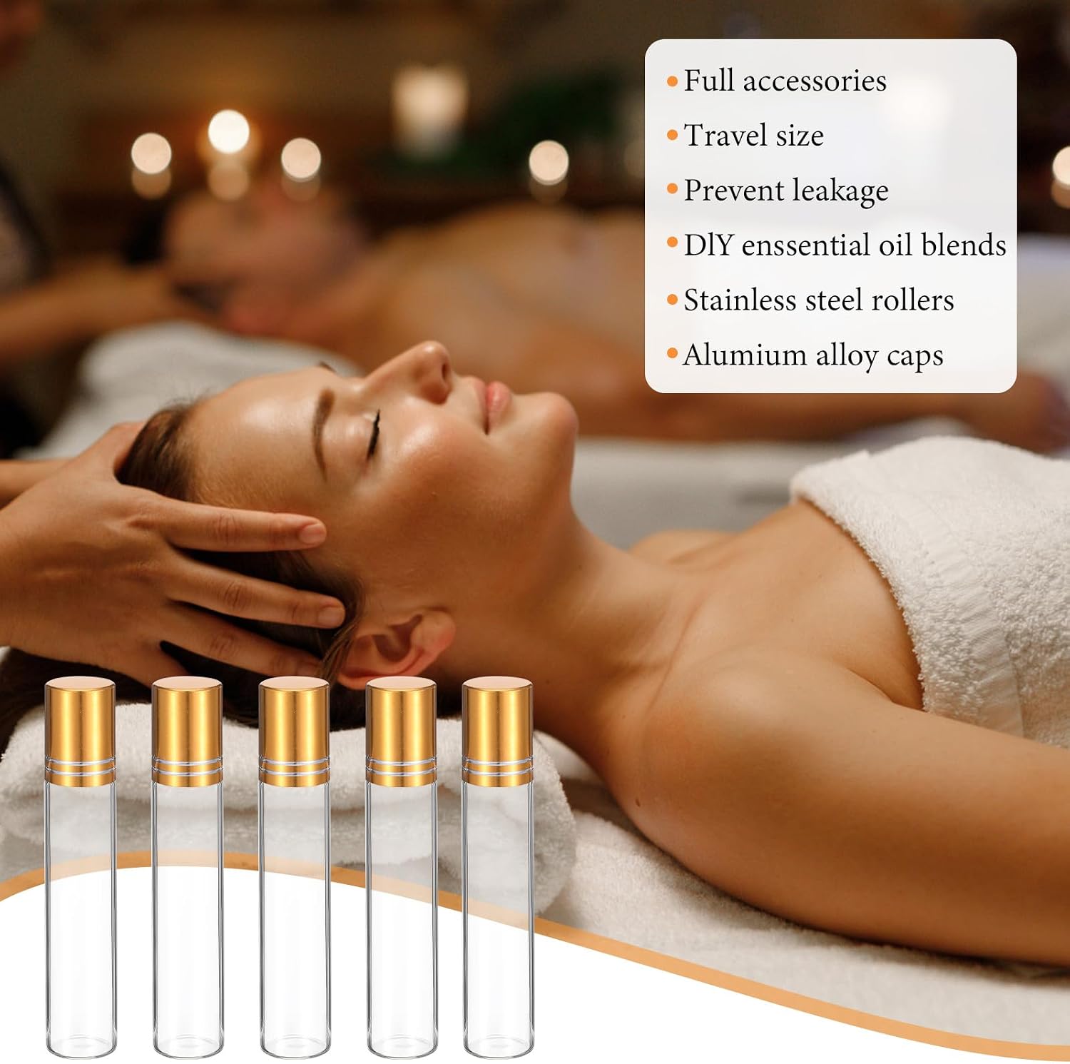 50 Pack 0.34 fl oz (10ml) Roller Bottles with Golden Caps & Steel Balls, Essential Oil Applicator Glass Bottles for Skin Care, Aromatherapy, Travel, DIY Blends