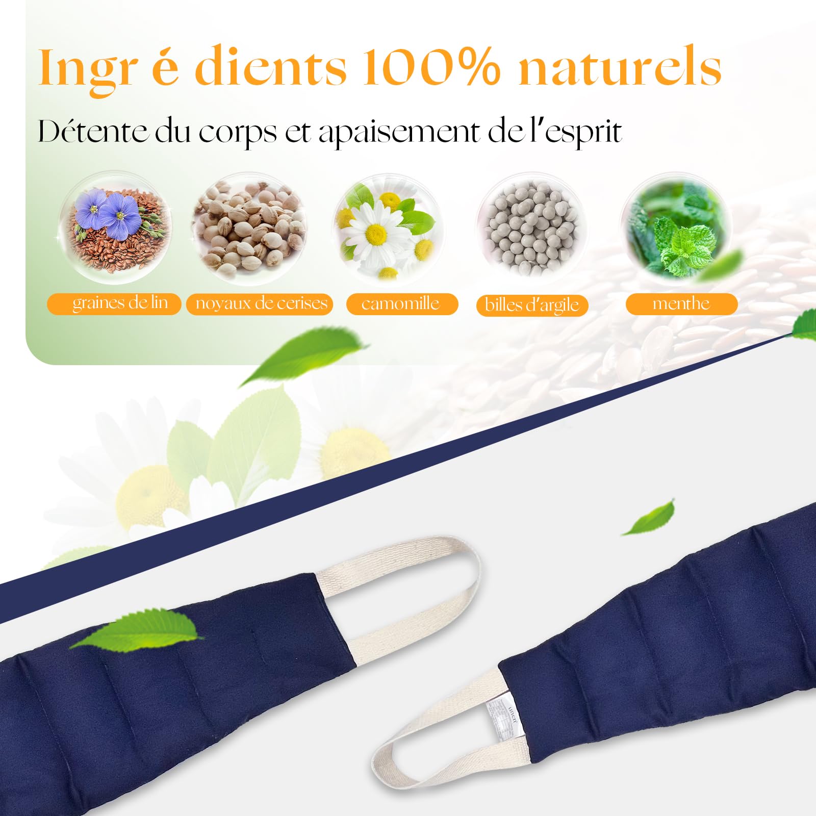 uncn Longue Coussin Chauffant du cou Cervicales Micro Onde, Bouillotte Micro-Onde, graine de lin,noyaux cerises,grande poche chauffante nuque epaule et dos,ventre