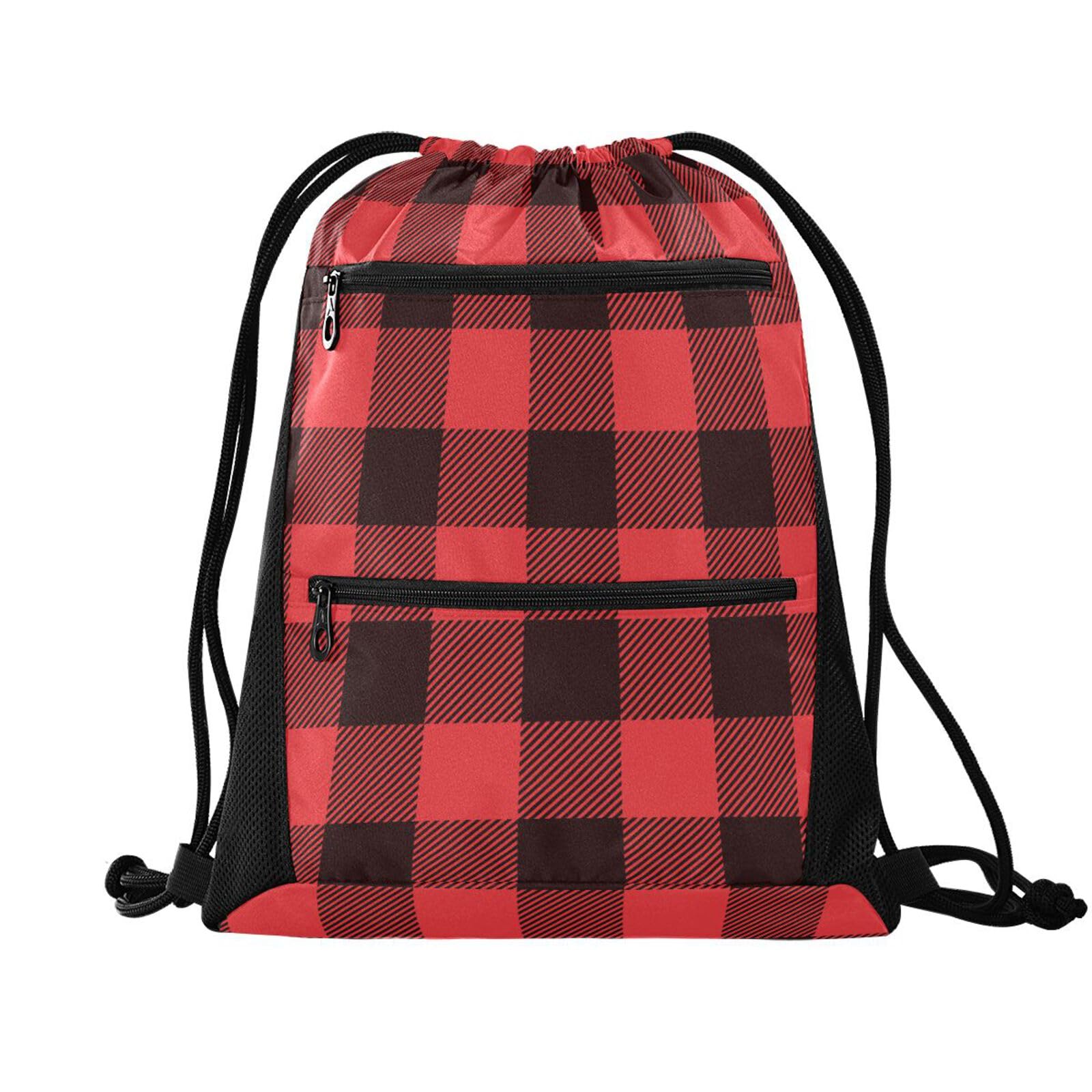 FRODOTGV Buffalo Plaid Red Black String Bag String Bag Outdoor Sackpack Swim Swim Bag with Mesh Pockets