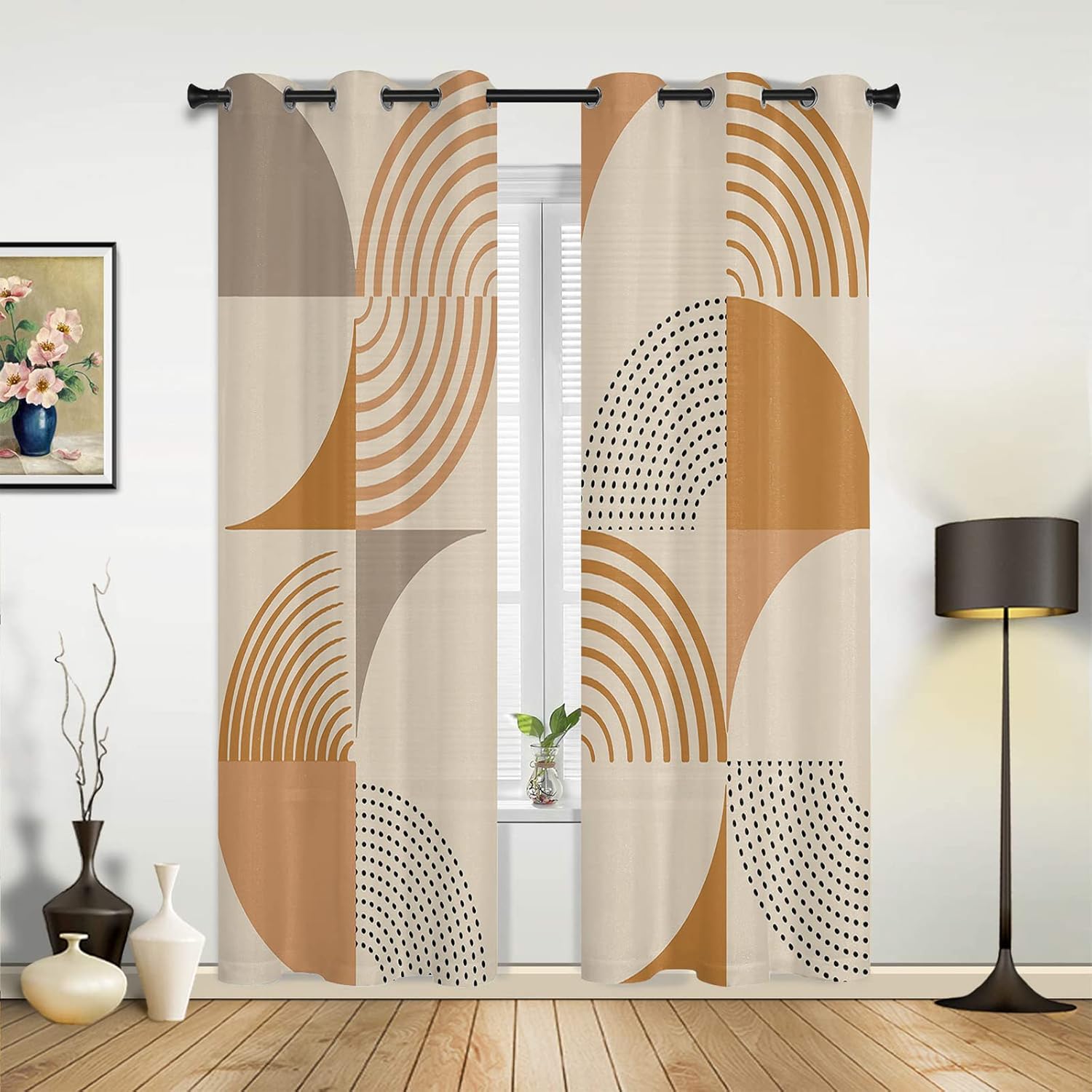 Mid Century Curtains for Living Room 96 Inch Length Drapes, Brown Orange Lines Abstract Window Treatments Curtain Panels, Grommet Top, 2 Pack