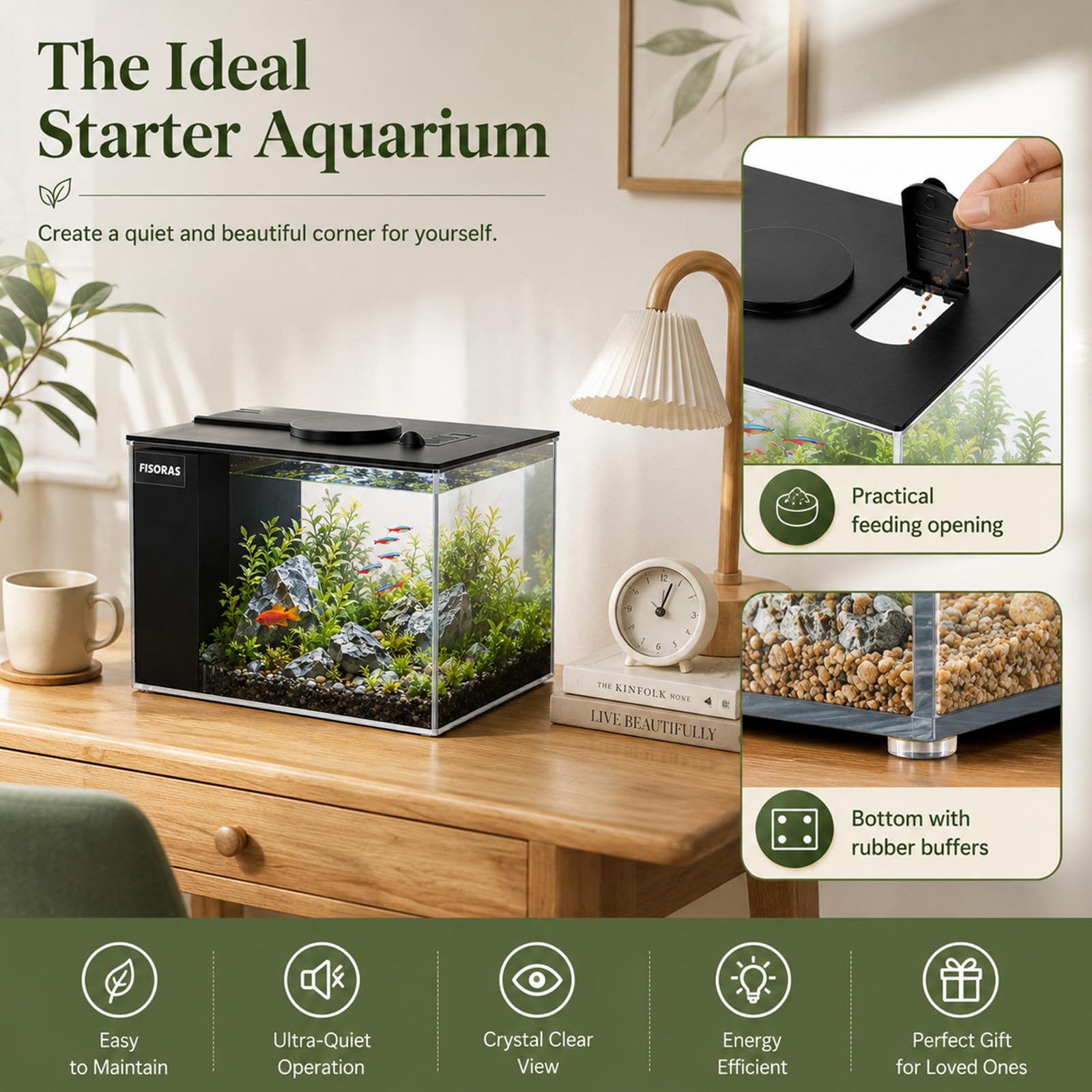 Petit aquarium Betta de 3,7 l en acrylique avec pompe silencieuse et filtre, éclairage LED avec 10 niveaux de luminosité et 3 modes de couleur, idéal pour poissons de combat, crevettes, petits