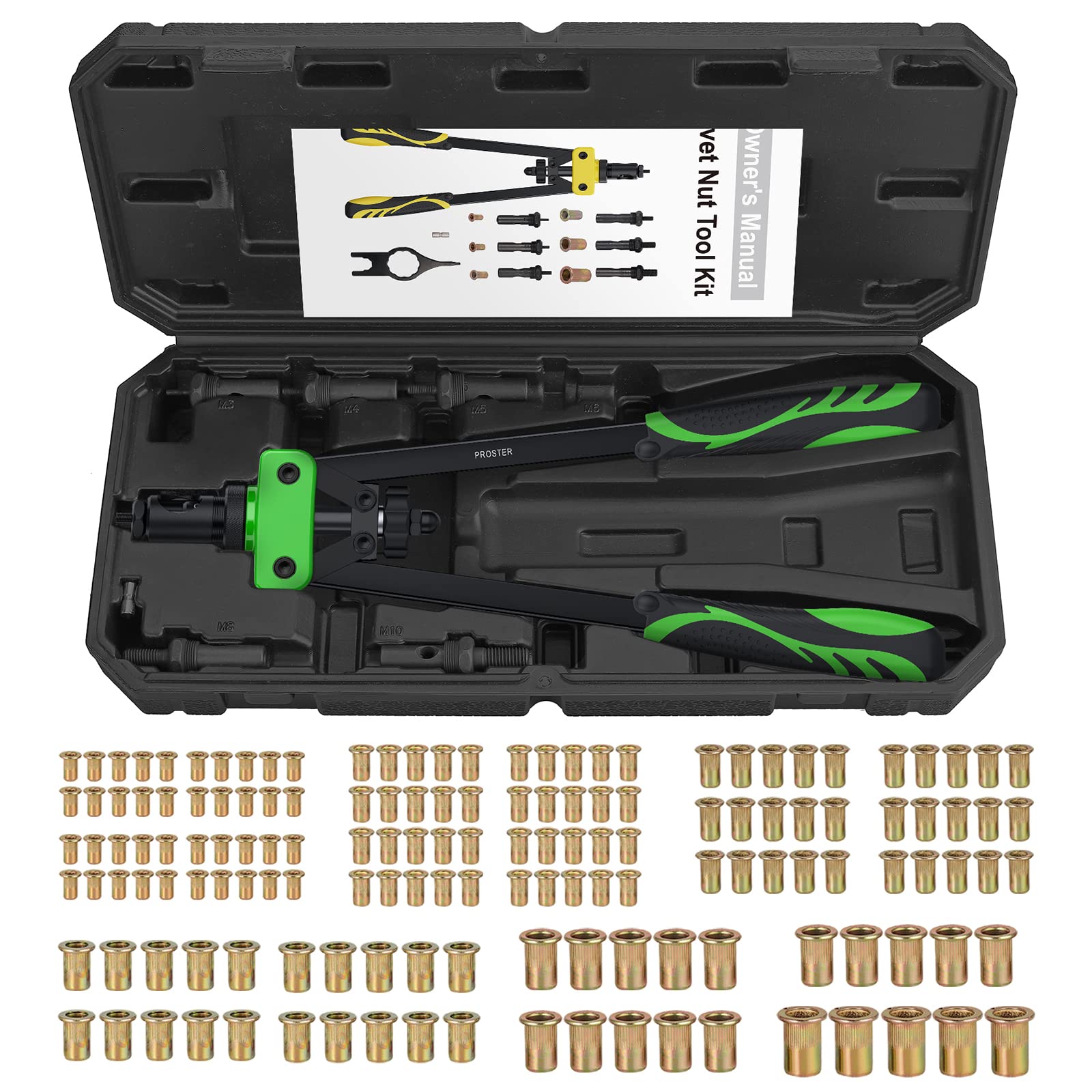 Proster Remachadora de Tuerca 14", Remachadora Manual con 150pcs Tuercas de Remache y 6 Mandriles Intercambiables M3 M4 M5 M6 M8 M10 Pistola Remachadora Profesional que Ahorra Mano de Obra con Caja