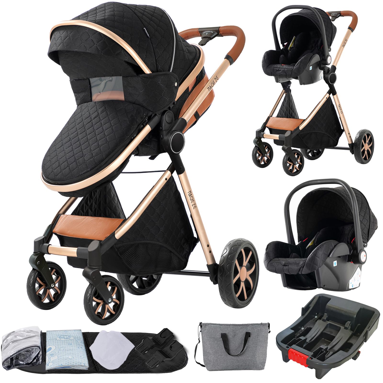 3 in 1 Baby Travel System Convertible Reversible Baby Stroller Portable Pushchair Infant Standard Pram Foldable Baby Carriage Luxury High Landscape Buggy for Newborn (UDV9-BLACKGOLD with Base)