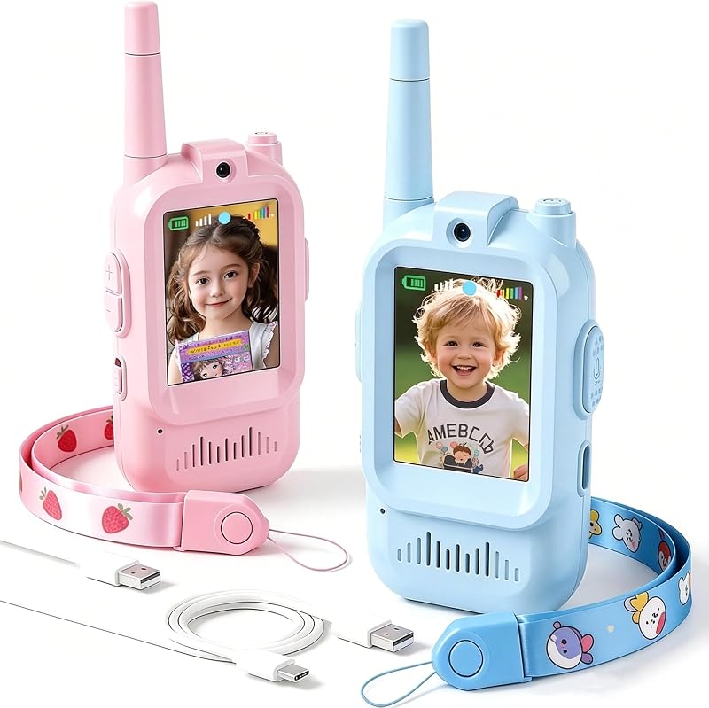 2 Pack Kids Video Walkie Talkies with 2 Inch HD Screen Real Time Video Call, 1000 Feet Four Mode Voice Changer, USB C Recharge Auto Pair Camping Toy, Birthday Gift for Boys and Girls Ages 3 to 10