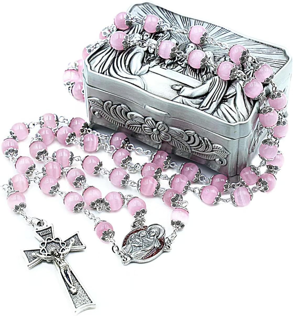 Rosary Beads Catholic for Woman - Italy 8-9mm AAA+ Natural Pink Cat Eyes Gemstone Rosary Beads.