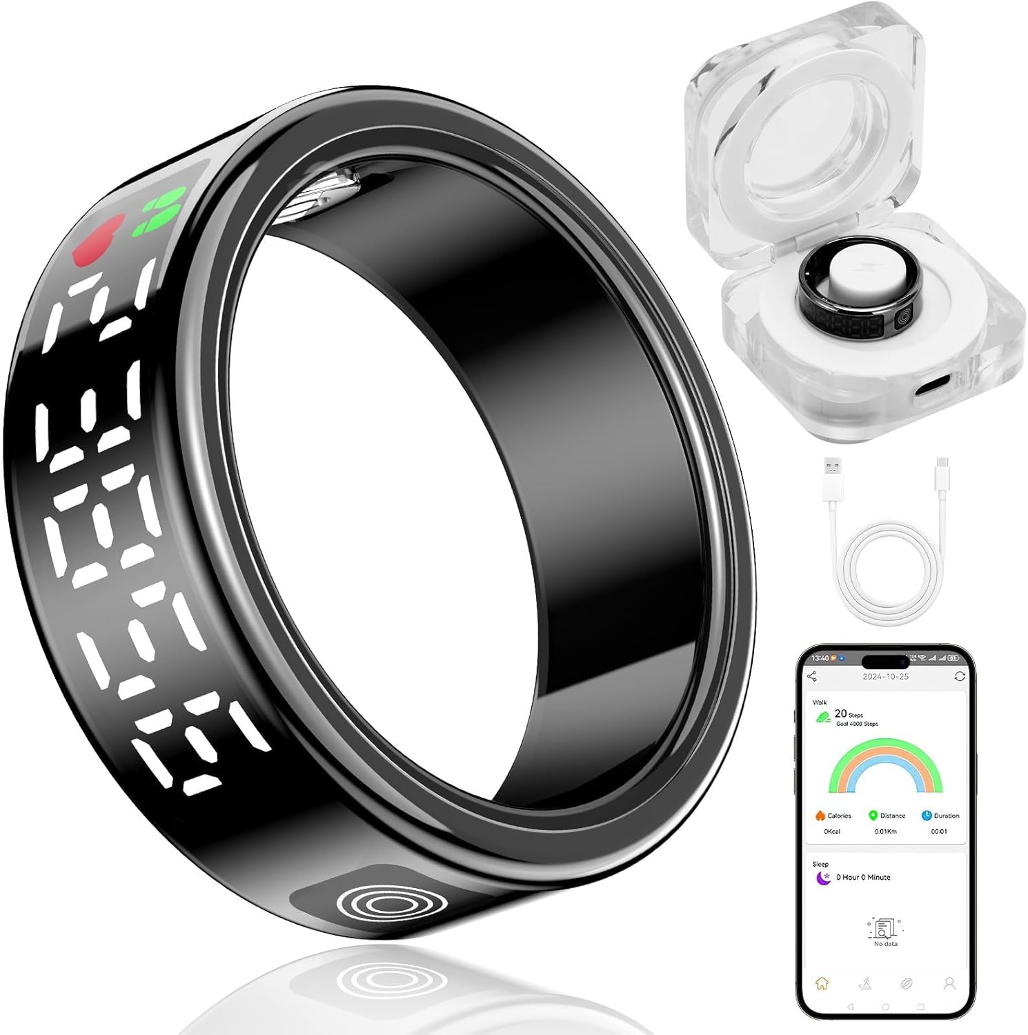 Smart Ring with Display - Fitness Tracker, Heart Rate Monitor, Sleep Tracker, Step Counter, Gesture Control for TikTok & Camera - IP68 Waterproof, Extended Battery Life Black #10