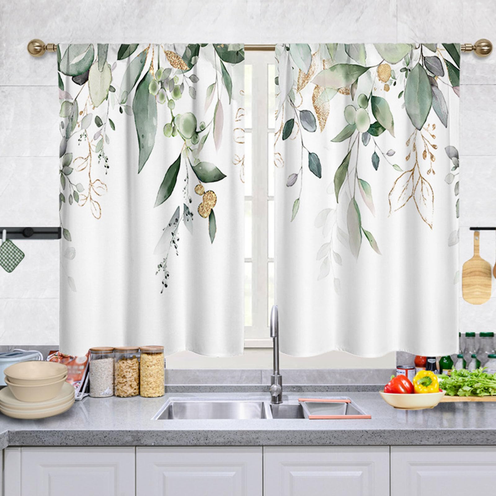 Highdi 2 Piezas Cortinas Cortas para Cocina Media Ventana Cortinas de Pequeñas Modernas para Debajo del Fregadero, para El Lavadero del Armario Dormitorio (Hojas de árbol,70x50cm)