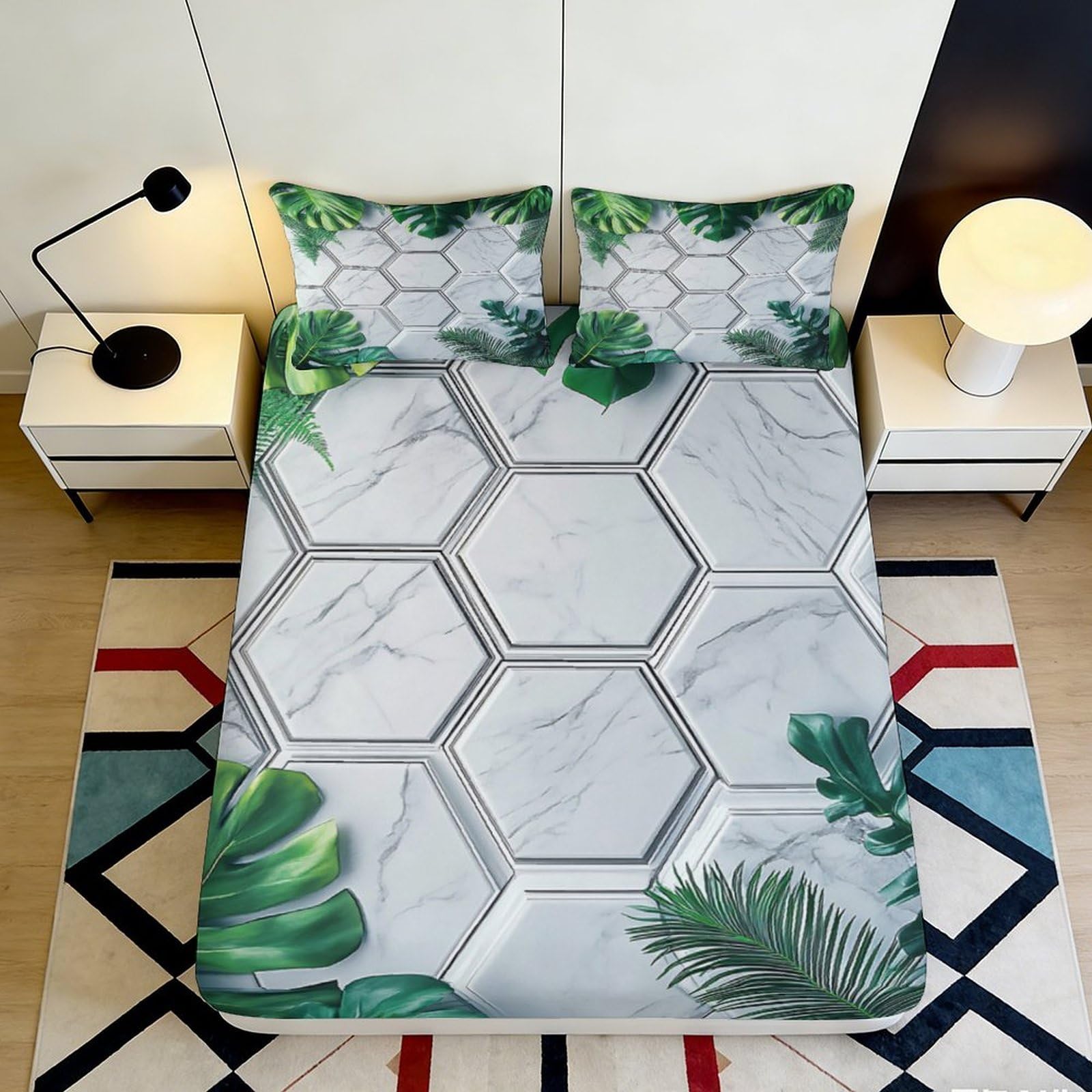 3D Printed Marble Hexagon Fitted Sheet Microfiber Soft Leaf Pattern Mattress Cover for Bedroom Decor Protection 90x200x25cm