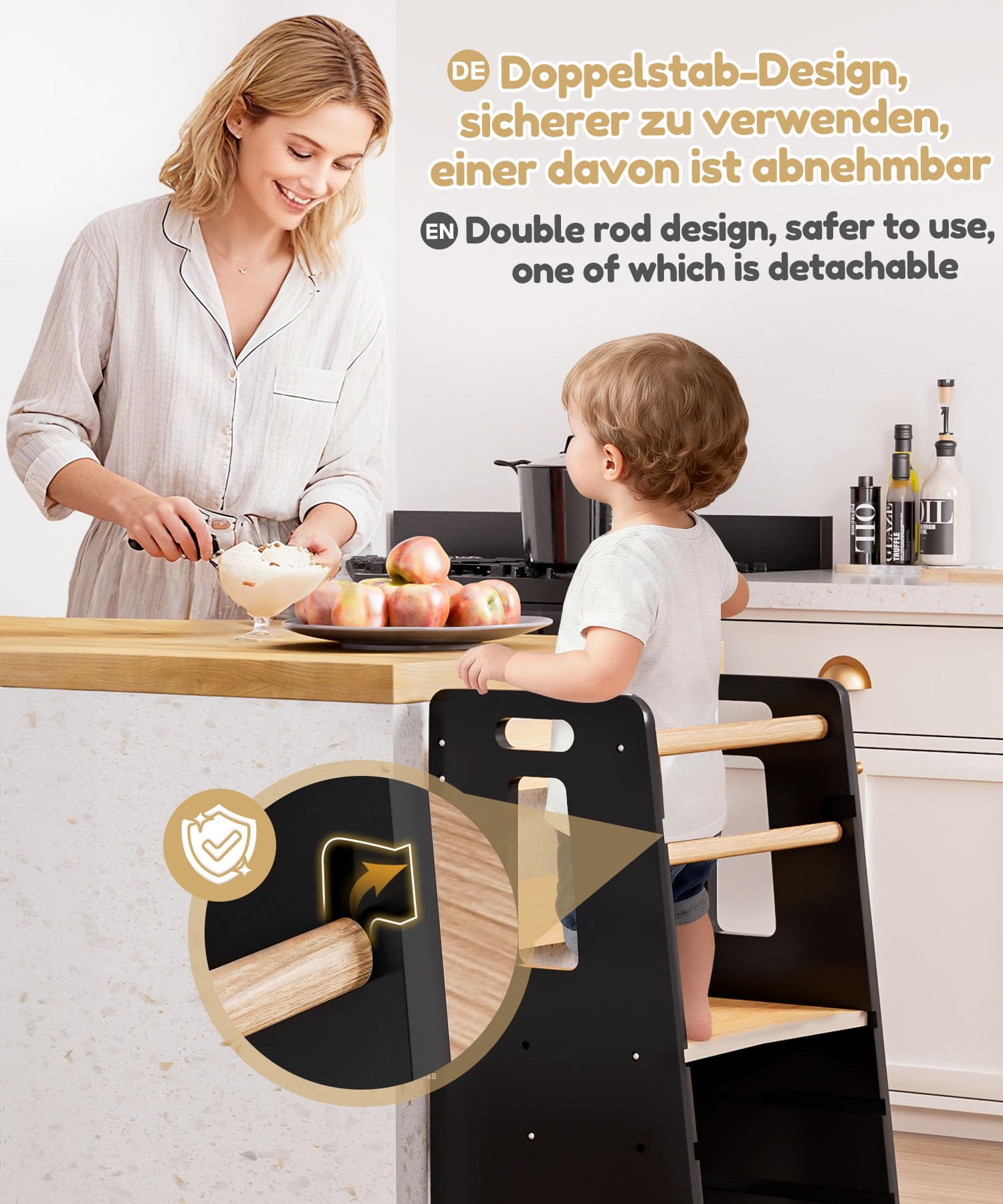 Yorbay Lernturm ab 1 Jahr: 3-Fach Höhenverstellbar Montessori Lernturm mit Kippschutz - Massiv und Stylisch Learning Tower für Kinder - für Küche und Bad Kleinkinderzimmer