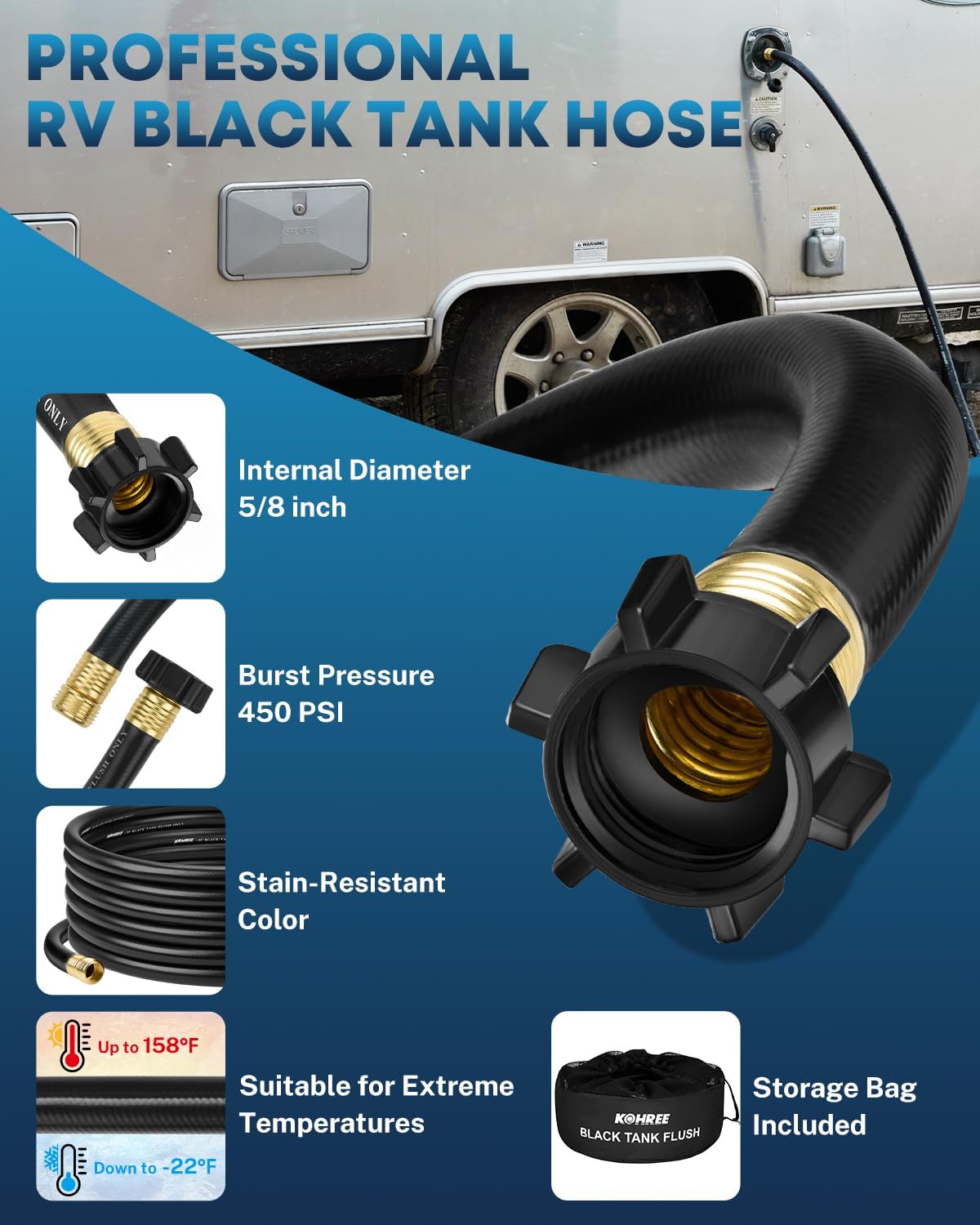 Kohree 35Ft RV Black Water Hose for RV Camper, 5/8" Premium Camper Sewer Hose with No Kink Design, Clean-Out Grey Water Tanks & More, Black Tank Flush Kit with Storage Bag