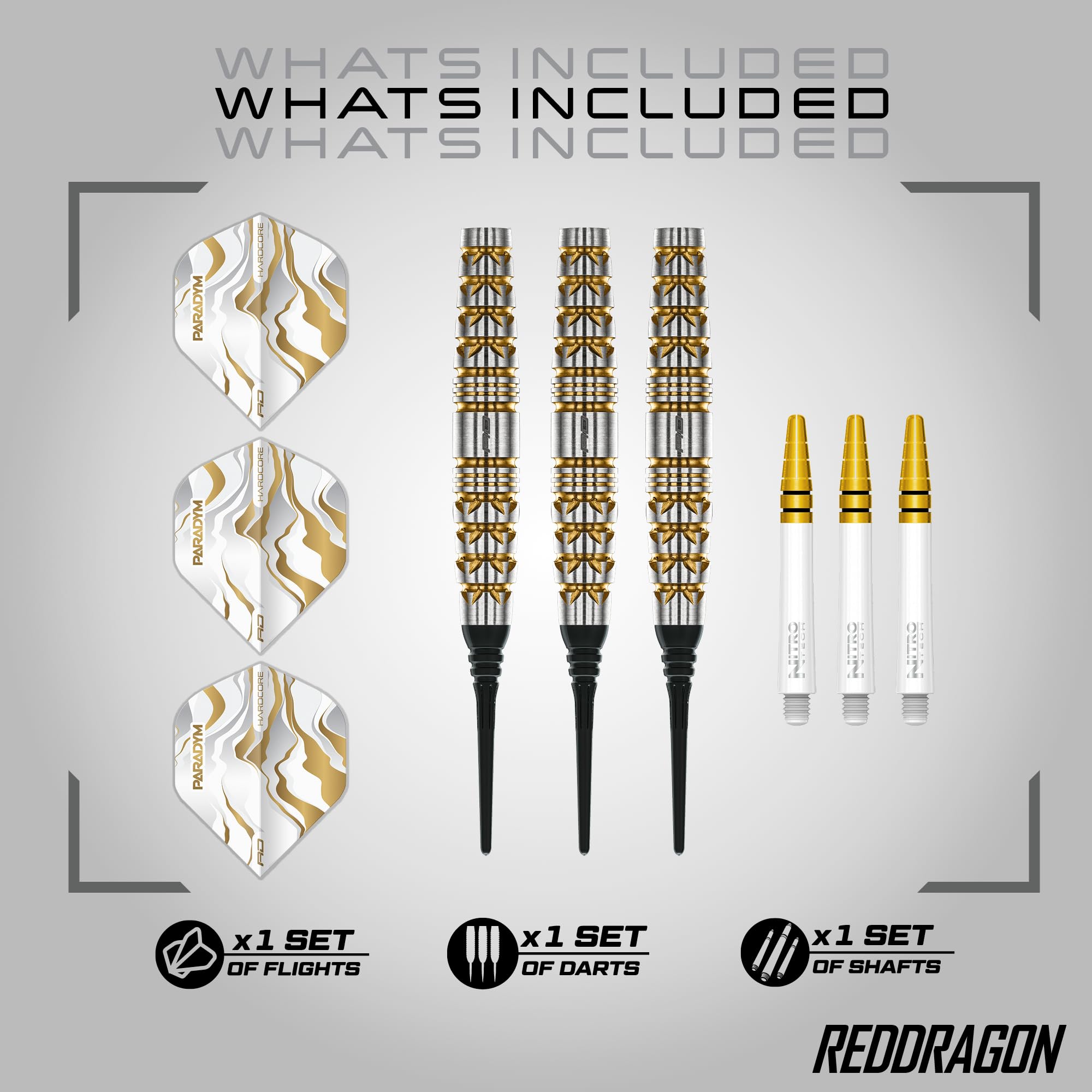 RED DRAGON Darts - Paradym Gold Serie Dart Pfeile - 90% Tungsten Profi Dartpfeile - Beinhaltet Dartflüge & Schäfte | 18g Weiche Spitze & Steeldarts 22g, 23g, 24g, 25g & 26g