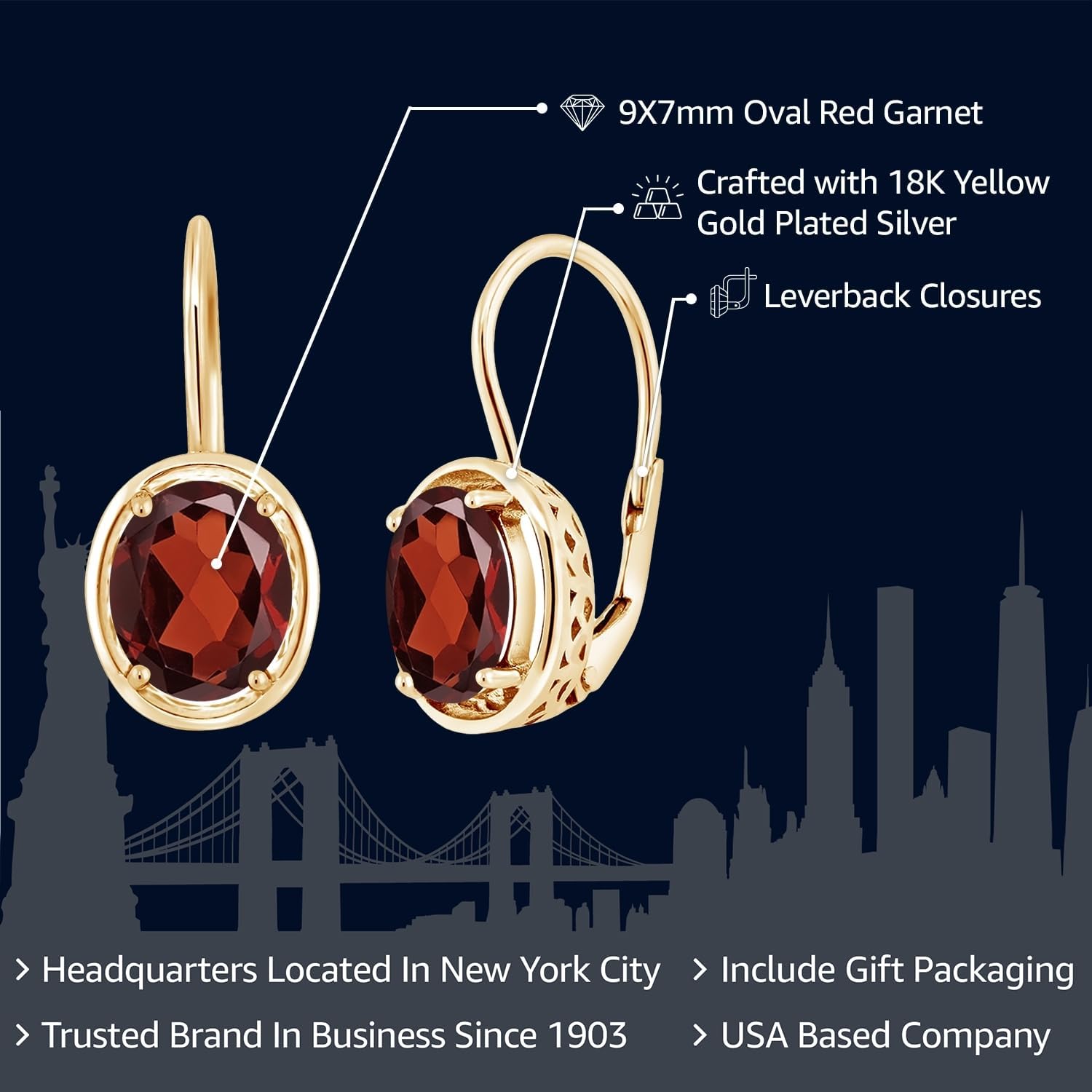 Gem Stone King Red Garnet 18K Yellow Gold Plated Silver Dangle Earrings For Women | 3.60 Cttw | Gemstone Birthstone | Oval 9X7MM - Image 2