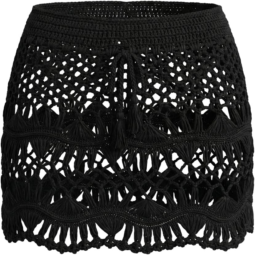 CUPSHE Women Crochet Coverup Skirt Drawstring Knit Mini Skirt Coverup for Swimwear