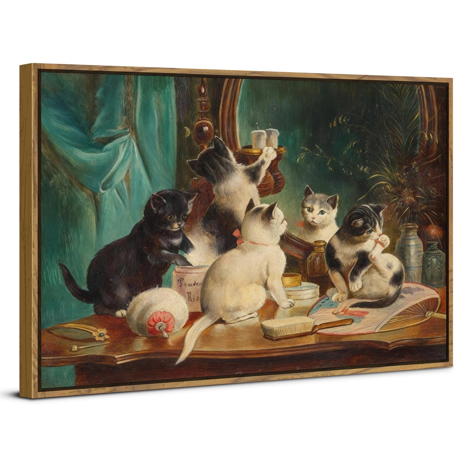 Large Retro Framed Wall Art Canvas Prints Vintage White Cat Wall Decor Funny Pets Frolicking Scenery Picture Paintings Classical Kitty Animal Aesthetic Poster Artwork Bathroom Room Decorations 24x36"