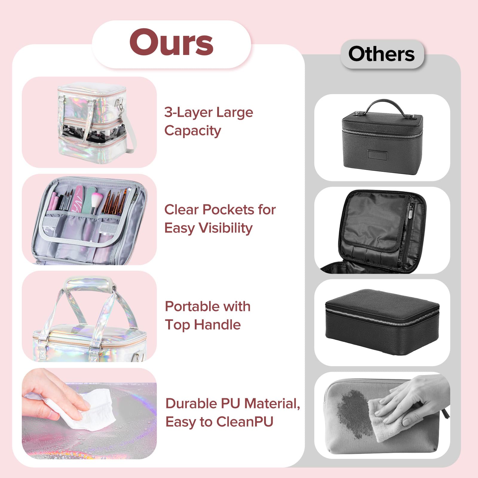 Custodia organizer per smalti, a 3 strati, rimovibile, può contenere 60 flaconi e lampada per unghie, con tracolla, portatile, olografica, in pelle PU, kit per strumenti per manicure (argento)