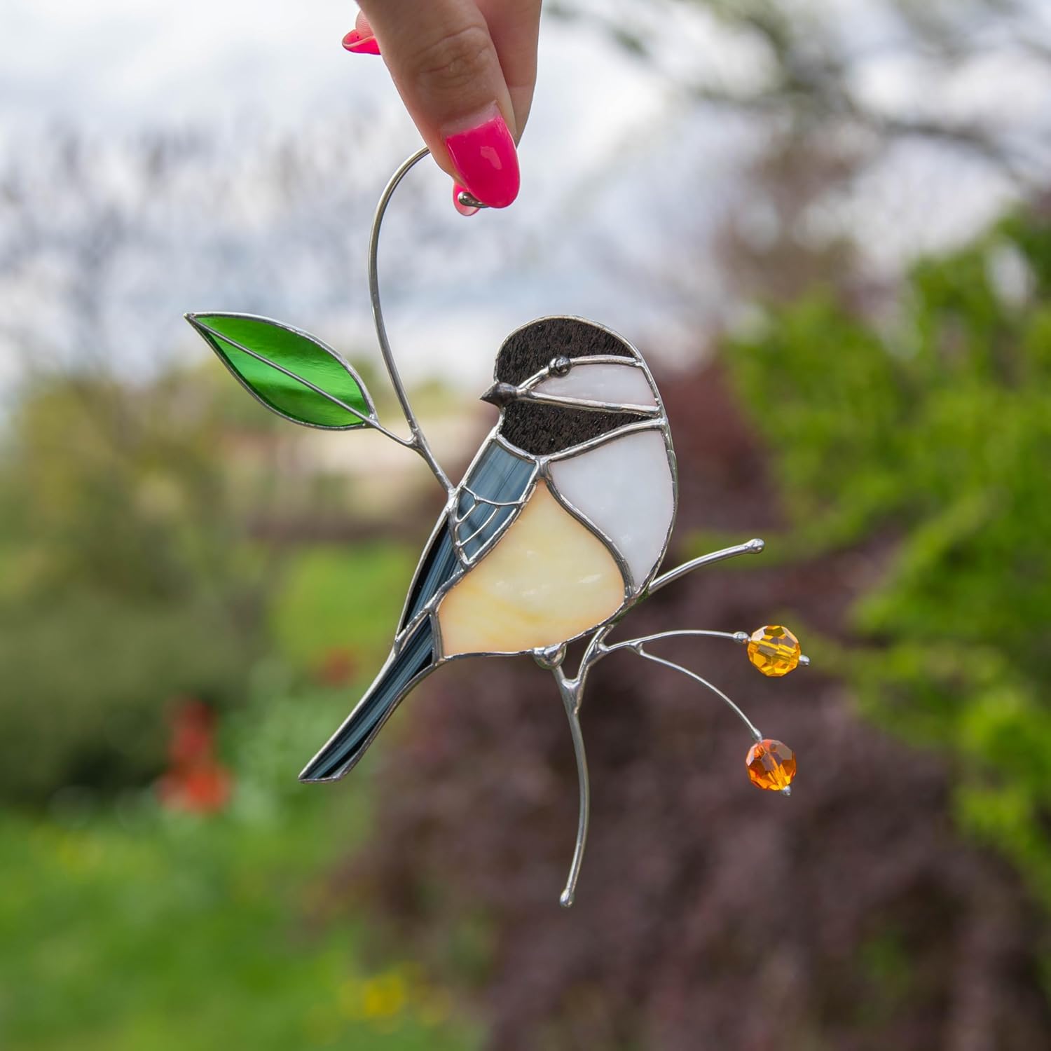 Gift Birds Handmade Chickadee Stained Glass Suncatchers Genuine Stained Glass Window Hanging Unique Indoor Ornament & Outdoor Decor (A Chickadee)