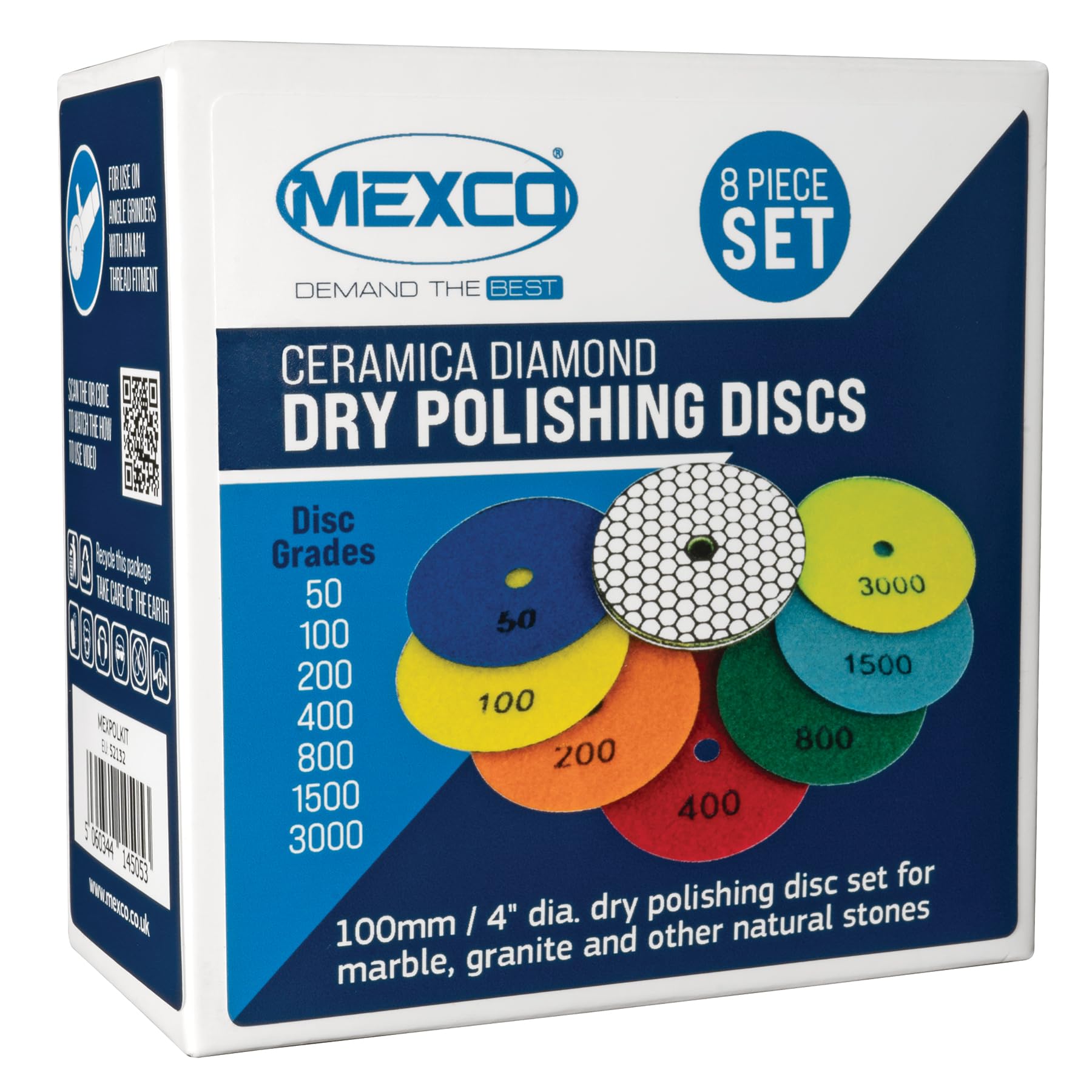 Kit di dischi diamantati per lucidatura a secco Mexco, 100 mm (4 pollici) - 7 pezzi, platorello M14 per smerigliatrice angolare, per marmo, granito e pietre naturali - Grana 50-3000