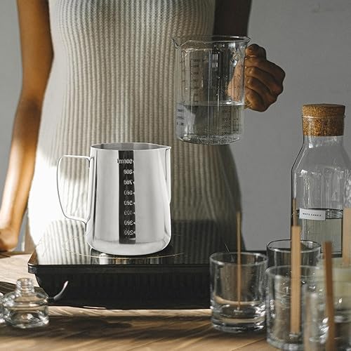 Miniatura 2 de Luxshiny 1 juego de taza de acero inoxidable para verter jarra, jarra de crema, jarra de espresso, taza de café con leche, crema de café, espumador