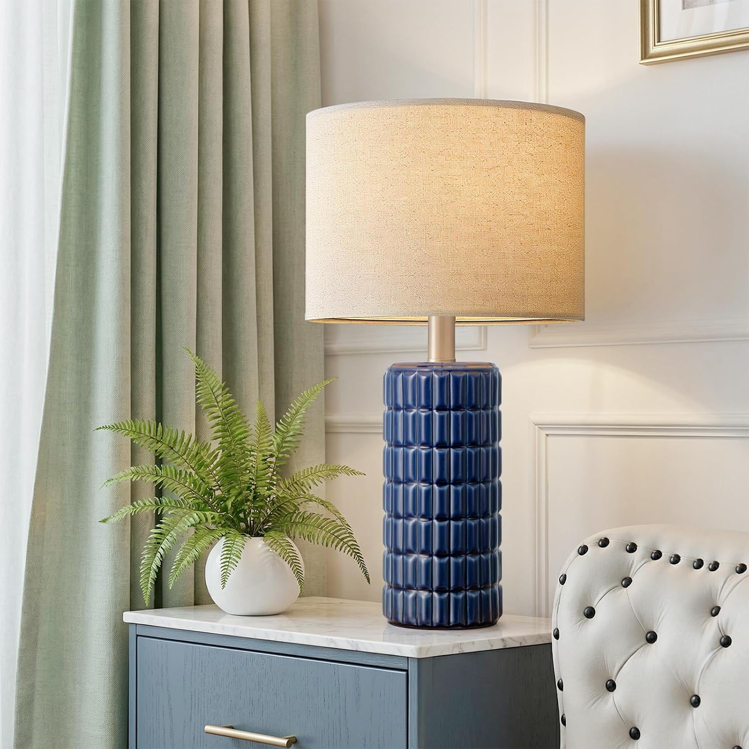 Seealle 23" Modern Ceramic Table Lamps Set of 2, Lamps for Bedroom, Blue image 2