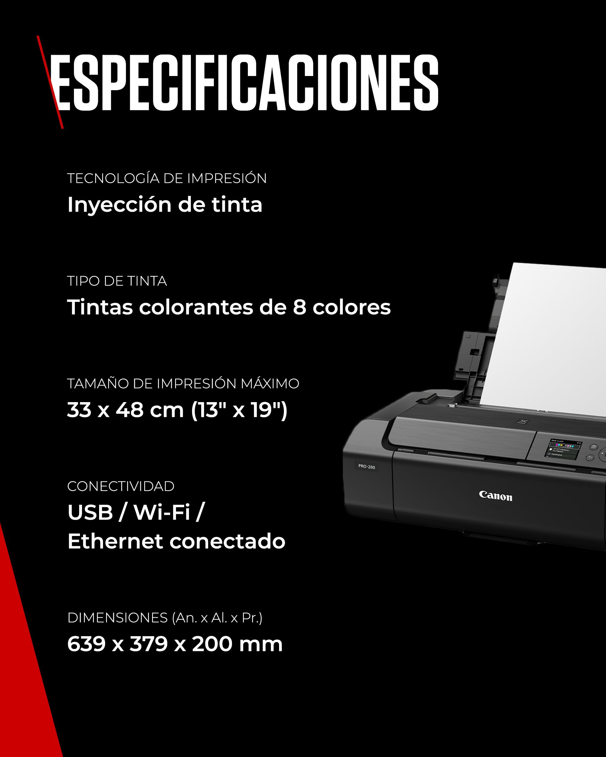 Canon Pixma PRO-200 Impresora Fotográfica Profesional, Sistema de Inyección de Tinta, A3+, WiFi, 8 Cartuchos de Tinta, Impresión Sin Bordes, Impresión de Alta Velocidad, Negro