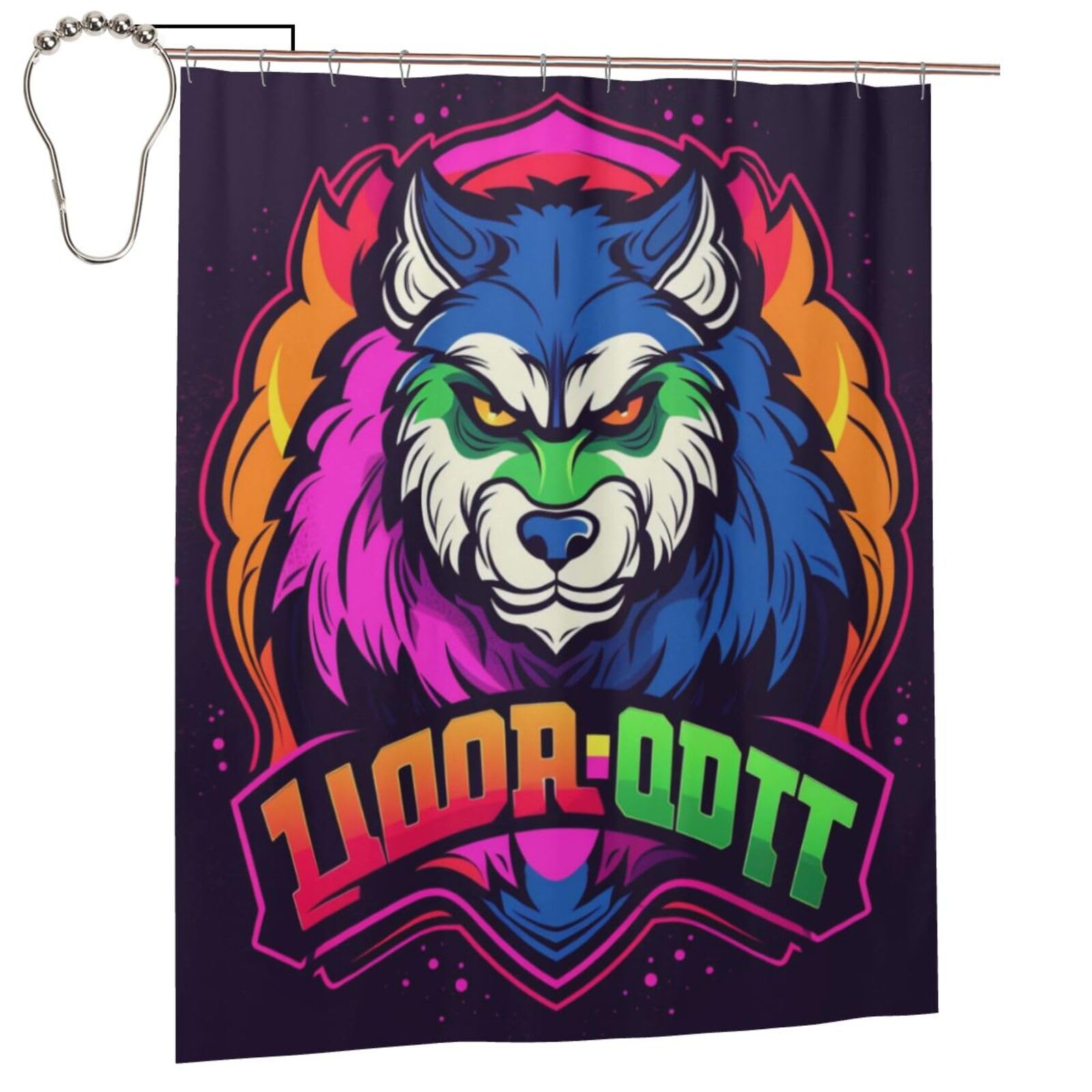Cortina de ducha con estampado de cabeza de lobo azul y morado, 152 x 183 cm, cortina de ducha de tela de poliéster impermeable, decoración de bañera con 12 ganchos, secado rápido, lavable