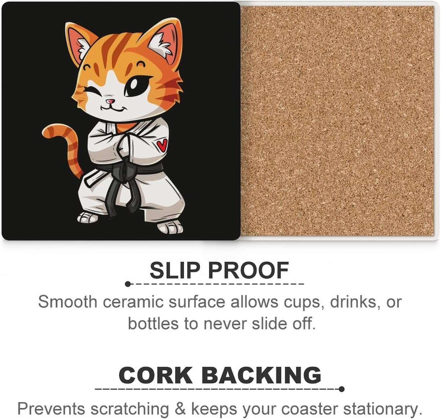 Brazilian Jiu Jitsu Black Belt Cute Cat Coaster for Drinks Square Ceramic Table Coasters Stone Mat Crafts 6PCS Home Kitchen Decor