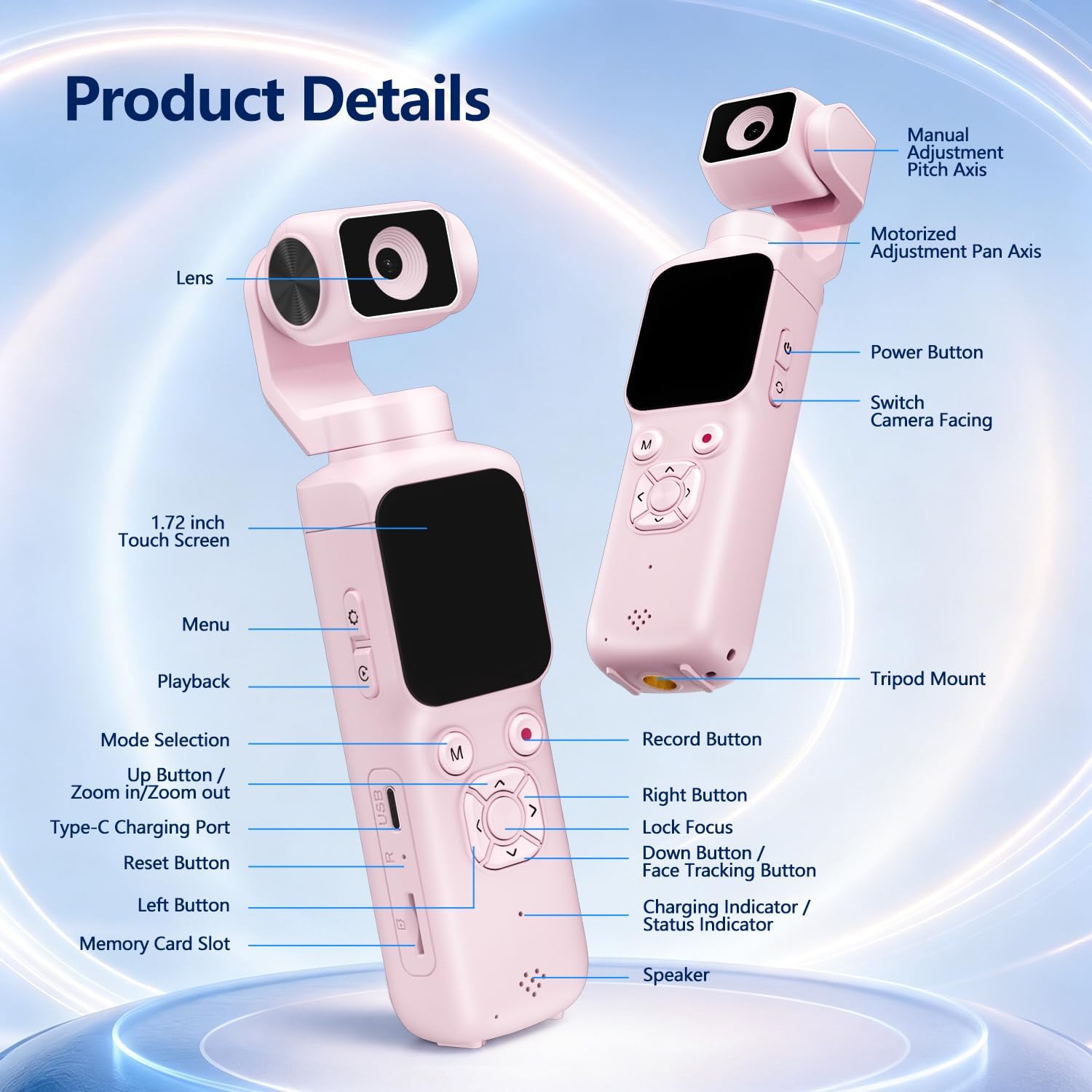 4K Vlogging Camera with 330° Rotating Lens & Face Tracking, Portable Pocket Digital Camera for YouTube TikTok with WiFi, Includes 16GB Card, Tripod & Carrying Bag, Pink