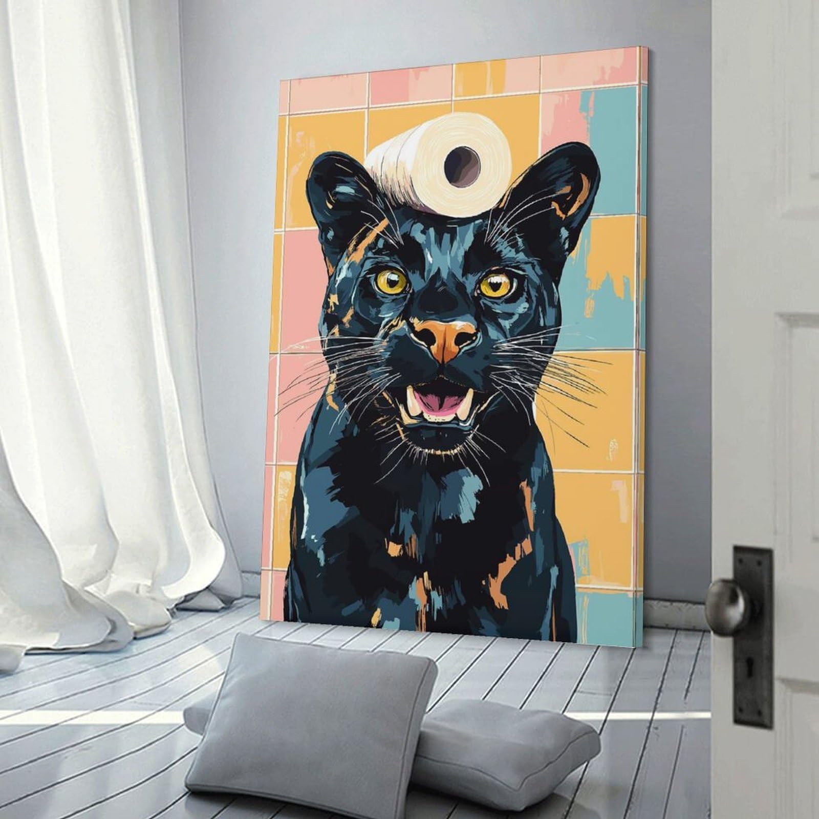 Junmoney Canvas Wall Art Black Panther with Toilet Paper Hat, 24x36inch(60x90cm), for Living Room, Bedroom, Office Or Hallway, Decorative Artwork with Broad Appeal