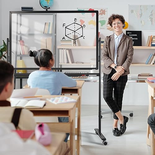 Miniatura 8 de Tankee Pizarra blanca móvil de vidrio transparente sobre ruedas de 48 x 32 pulgadas con soporte, pizarra blanca rodante grande con almohadilla de
