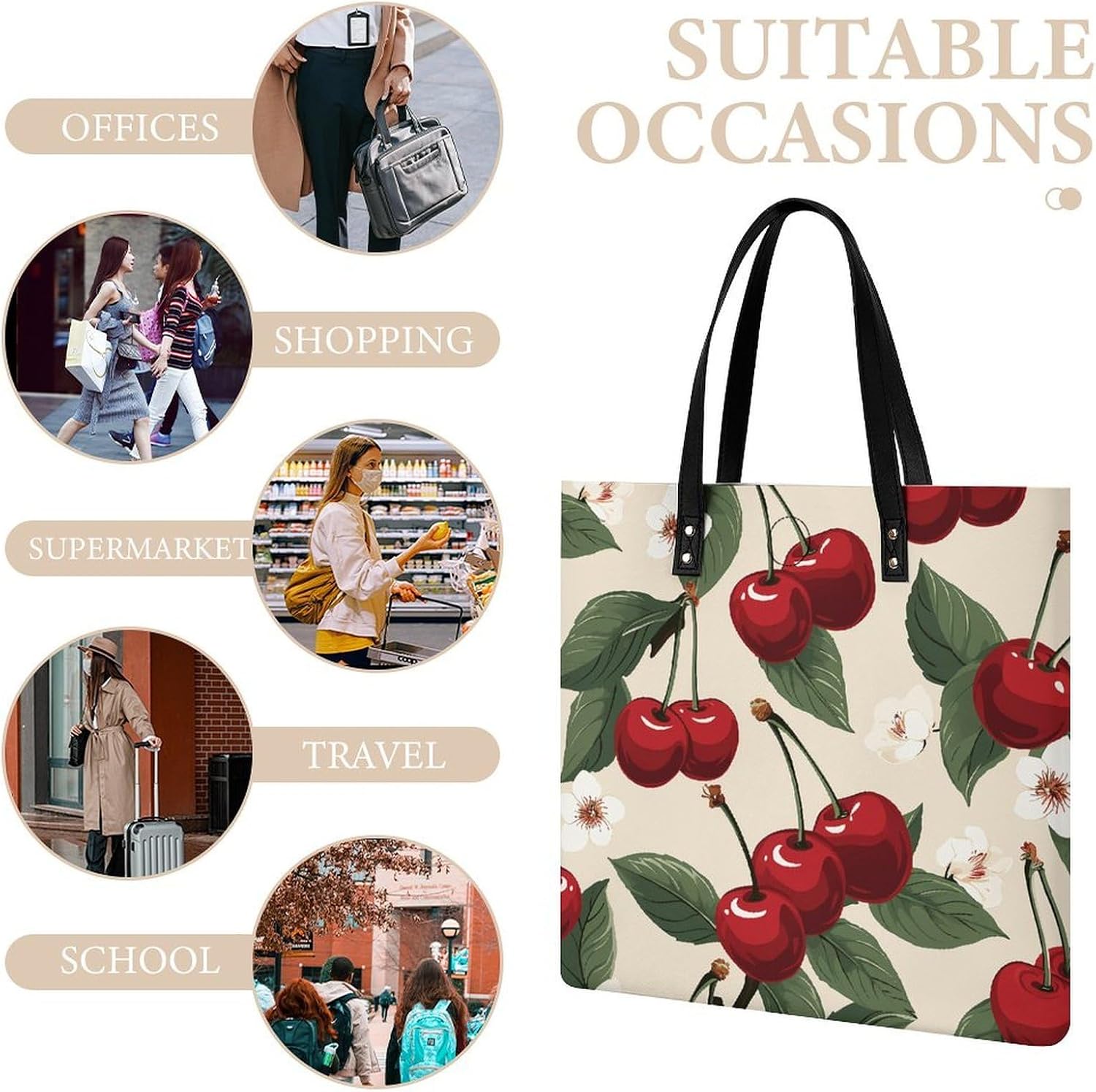 Red Cherry Pattern Tote Bag with Magnetic Buckle Reusable Grocery Bags Lightweight Cross Body Handbag for Daily Essentials