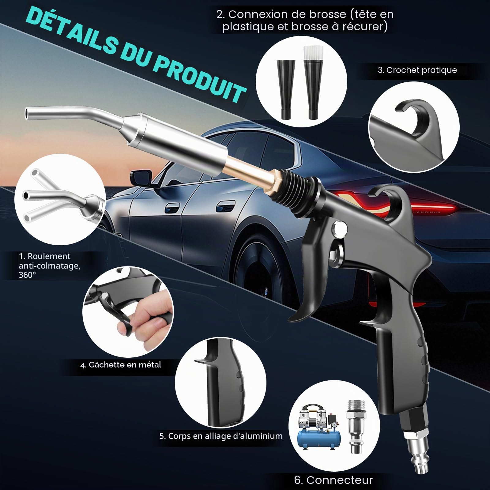 Pistolet de nettoyage à sec haute pression pour voiture, pistolet à air de séchage intérieur avec 2 buses pour évacuer rapidement la saleté et la poussière avec flux d'air