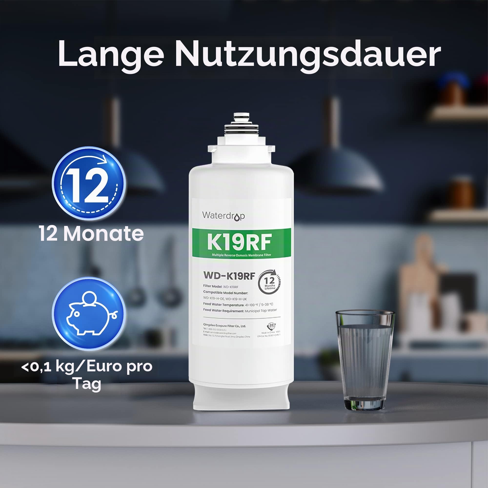 Waterdrop K19RF Ersatzfilter für K19-H Auftisch Osmoseanlage, 12 Monate | Lange Filterlebensdauer, Einfacher und Schneller Filterwechsel, Tisch-Umkehrosmosefilter