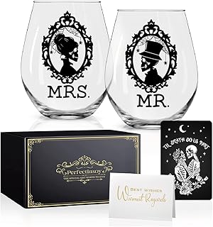 Perfectinsoy Skull Wine Glass 2 Piece with Gift Box, Zombie Design, Valentine's Day Autumn Halloween, Anniversary Wedding Gifts, Couple Gifts for Boyfriend and Girlfriend. (Mrs Mr Set of 2)
