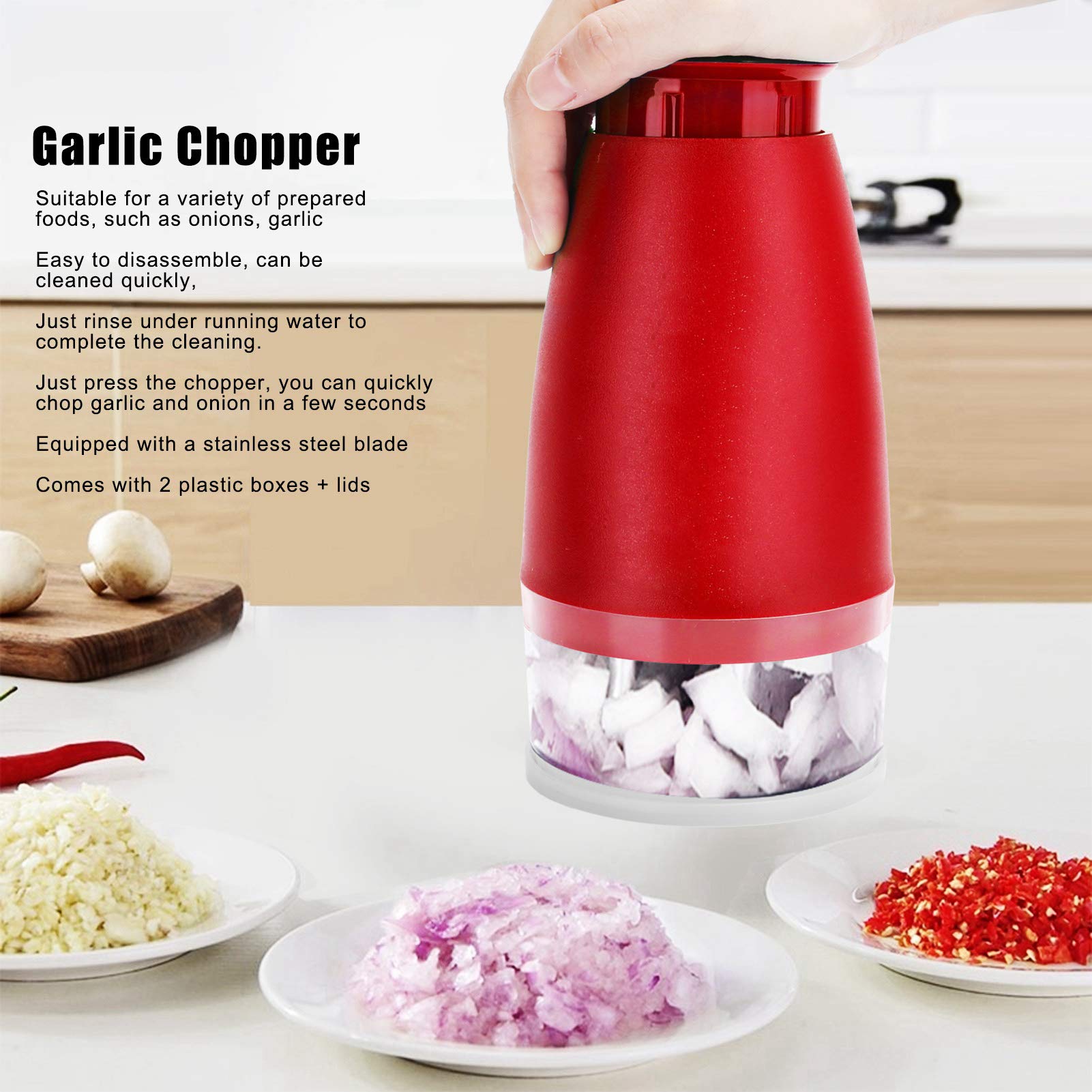 Food Chopper, Food Grade Plastic Garlic Chopper Manual Vegetable Chopper Dicer Hand Chopper for Vegetables Nuts with 2pcs Plastic Box(Red)