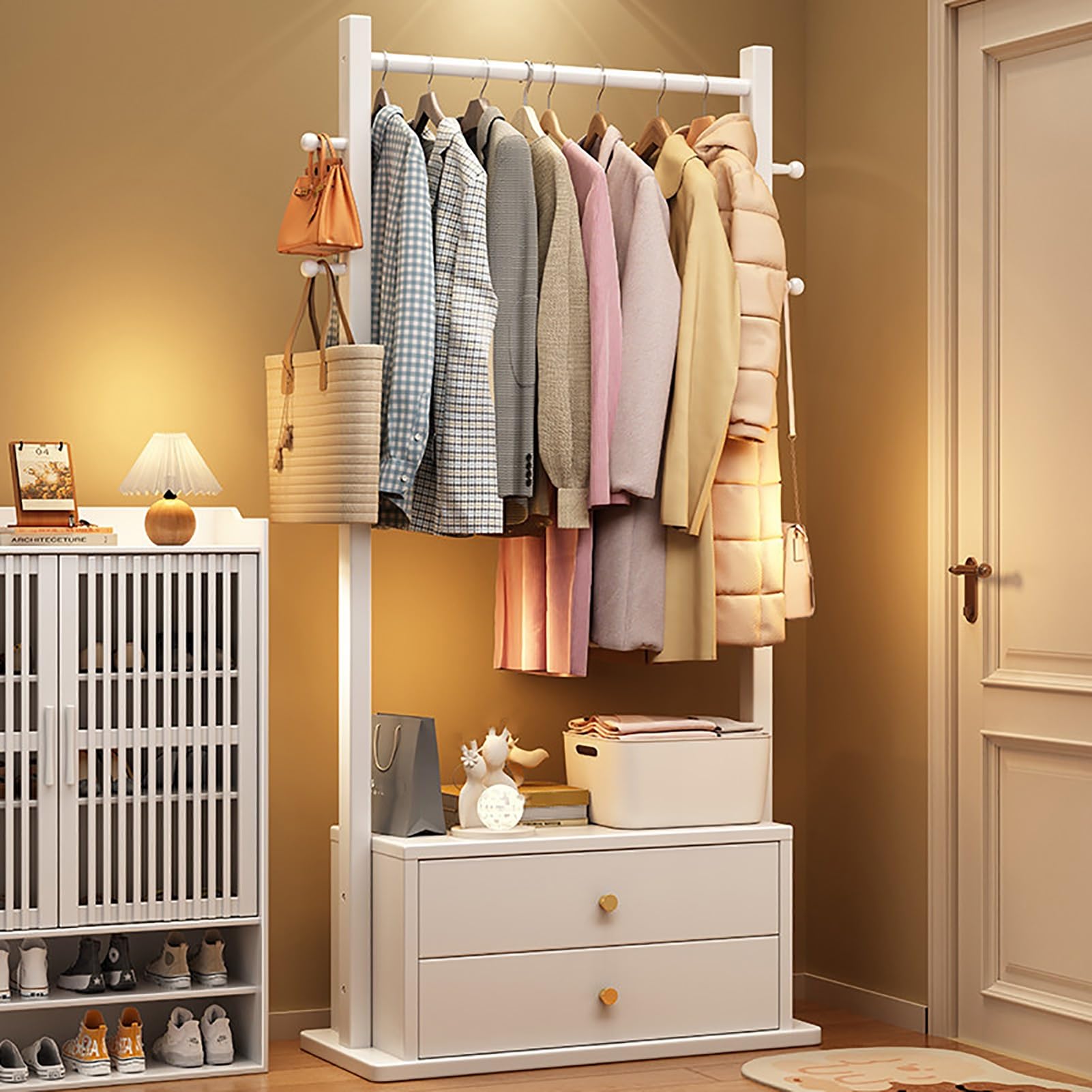 4-in-1 Entryway Hall Tree with Storage Shelves 2 Drawers & Hanging Rod - Coat Rack for Hallway Bedroom Corner Space - Modern White Design (80cm/31.5in)