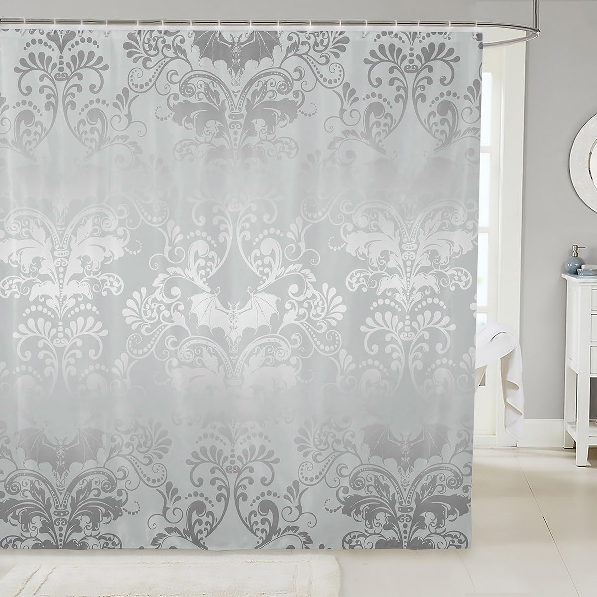 Erosebridal Damask Gothic Fabric Shower Curtain 72" Wx72 L,Vintage Floral Goth Bathroom Shower Curtain with Bat,Bats,Sugar Skull,Bone,Skeleton,