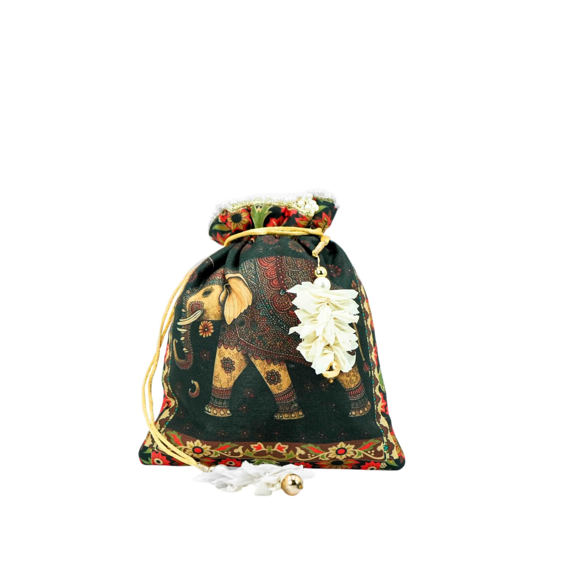 Royal Heritage Potli Bag | Premium Elephant Print Drawstring Pouch | Ethnic Bag for Wedding, Jewellery & Festive Use (8X7 Inches)-image-17
